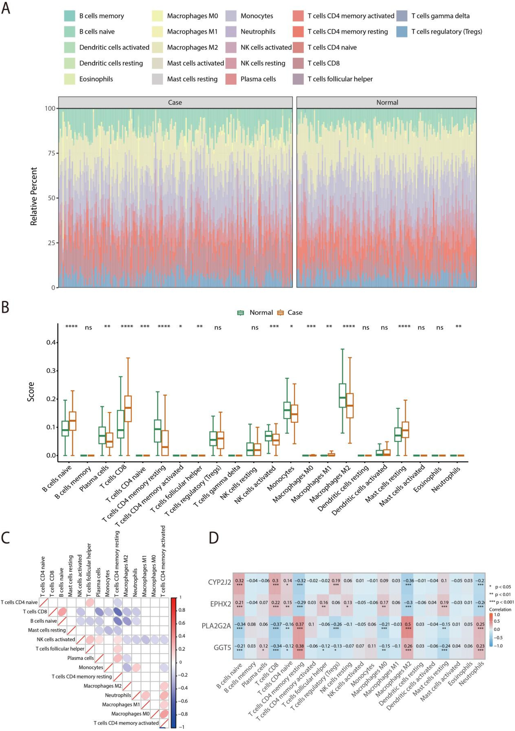 Four panels display various data visualizations regarding immune cell types. Panel A shows a stacked bar chart comparing cell proportions between case and normal groups, with categories including B cells, macrophages, and T cells. Panel B features box plots showing score distributions of these cell types across case and normal groups, with statistical significance indicated by asterisks. Panel C presents a correlation matrix between immune cell types, visualized using a color gradient from blue to red. Panel D contains a heatmap showing the correlation between genes and immune cell types, with significance indicated by symbols.