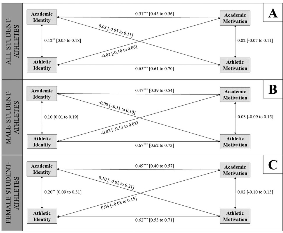 The six-pathway correlation model depicts relationships between Academic Identity, Academic Motivation, Athletic Identity and Athletic Motivation for student-athletes. For all student-athletes, there is a strong correlation between academic identity and motivation (0.51) and athletic identity and motivation (0.65). Moreover, there is a weak correlation for academic and athletic identity (0.12). Similar trends can be found for male student-athletes. There is a strong correlation between academic identity and motivation (0.47) and athletic identity and motivation (0.67). Female student-athletes also reflect these relations. There is a strong correlation for academic identity and motivation (0.49) and between athletic identity and motivation (0.62). In addition, there is a moderate correlation between academic and athletic identity (0.20).