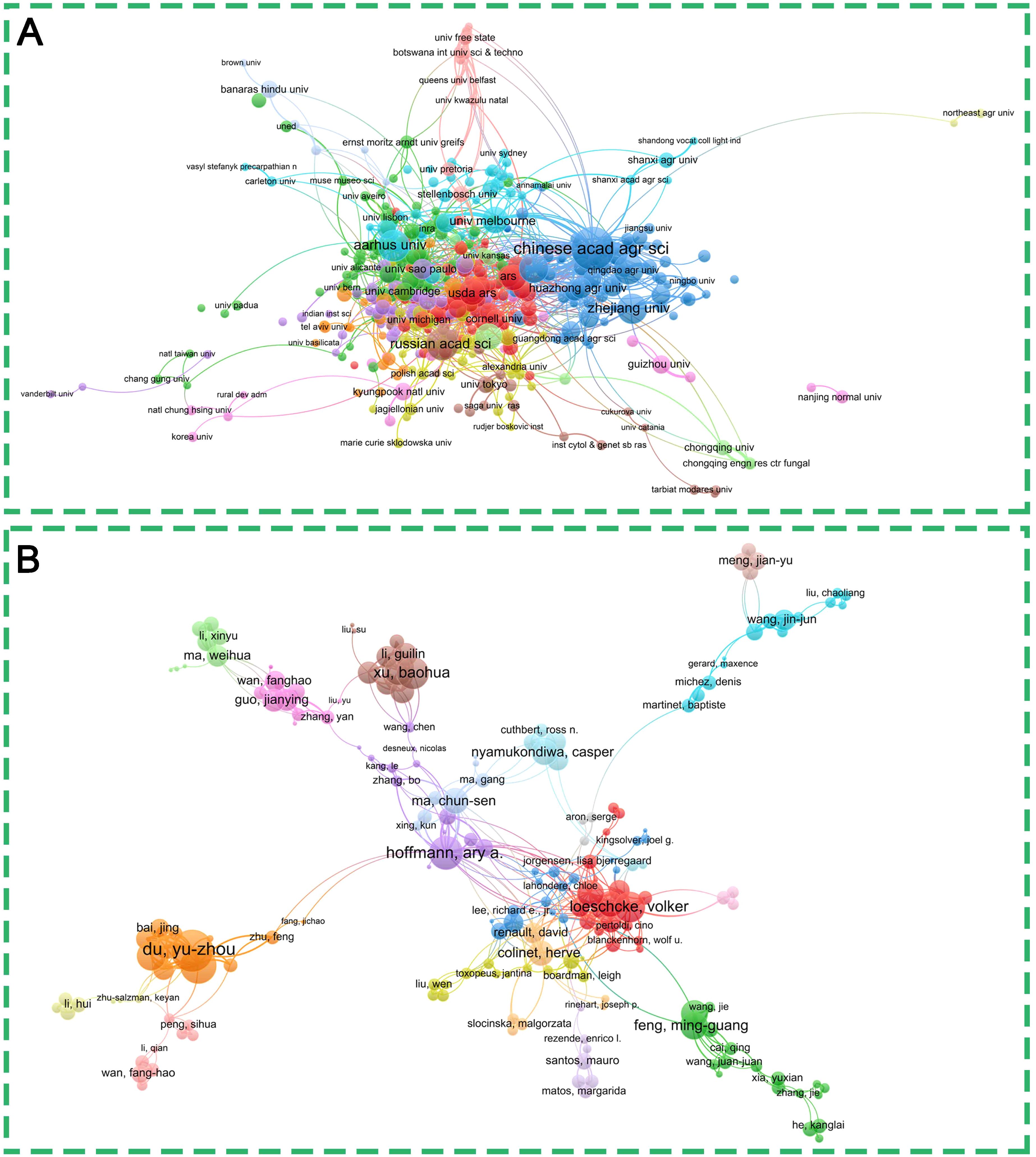 Network diagrams titled A and B illustrate relationships between various universities and researchers. Diagram A shows clusters with nodes labeled for institutions like “chinese acad agr sci” and “russian acad sci.” Different colored clusters represent different groups. Diagram B depicts a network of researchers with labels such as “hoffmann, ary a.” and “loeschcke, volker,” connected by lines indicating collaborations or associations. The diagrams highlight the interconnections in scientific research communities.