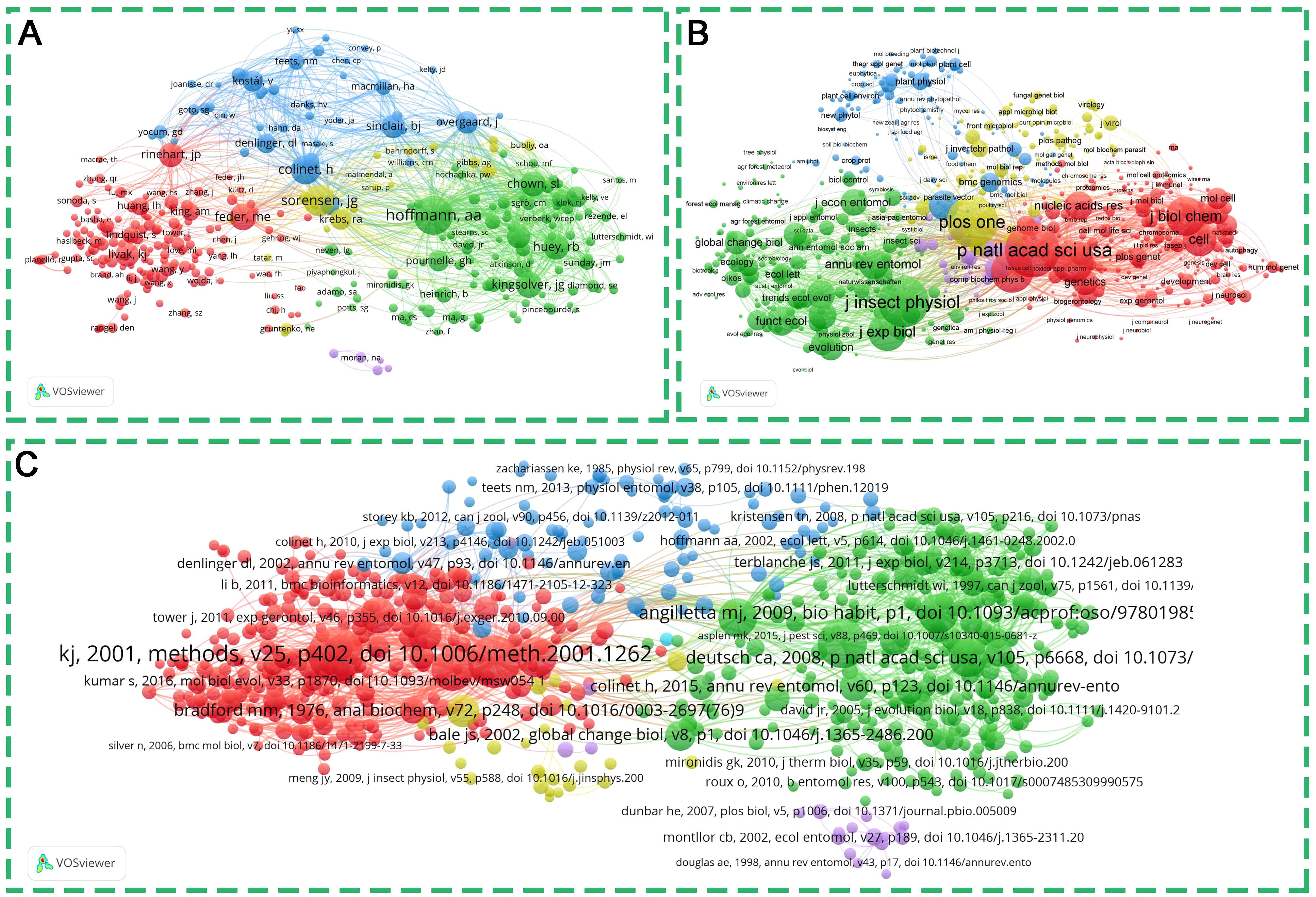 Three network visualization maps display relationships among authors and keywords in scientific research using VOSviewer. Panel A shows a network of authors with colored clusters representing different collaborations. Panel B visualizes keywords from scientific literature, highlighting connections among topics like “insect physiology” and “global change biology.” Panel C integrates text data, showing clusters of frequently co-occurring articles and citations. Each map uses colored nodes and lines to denote the strength of connections.