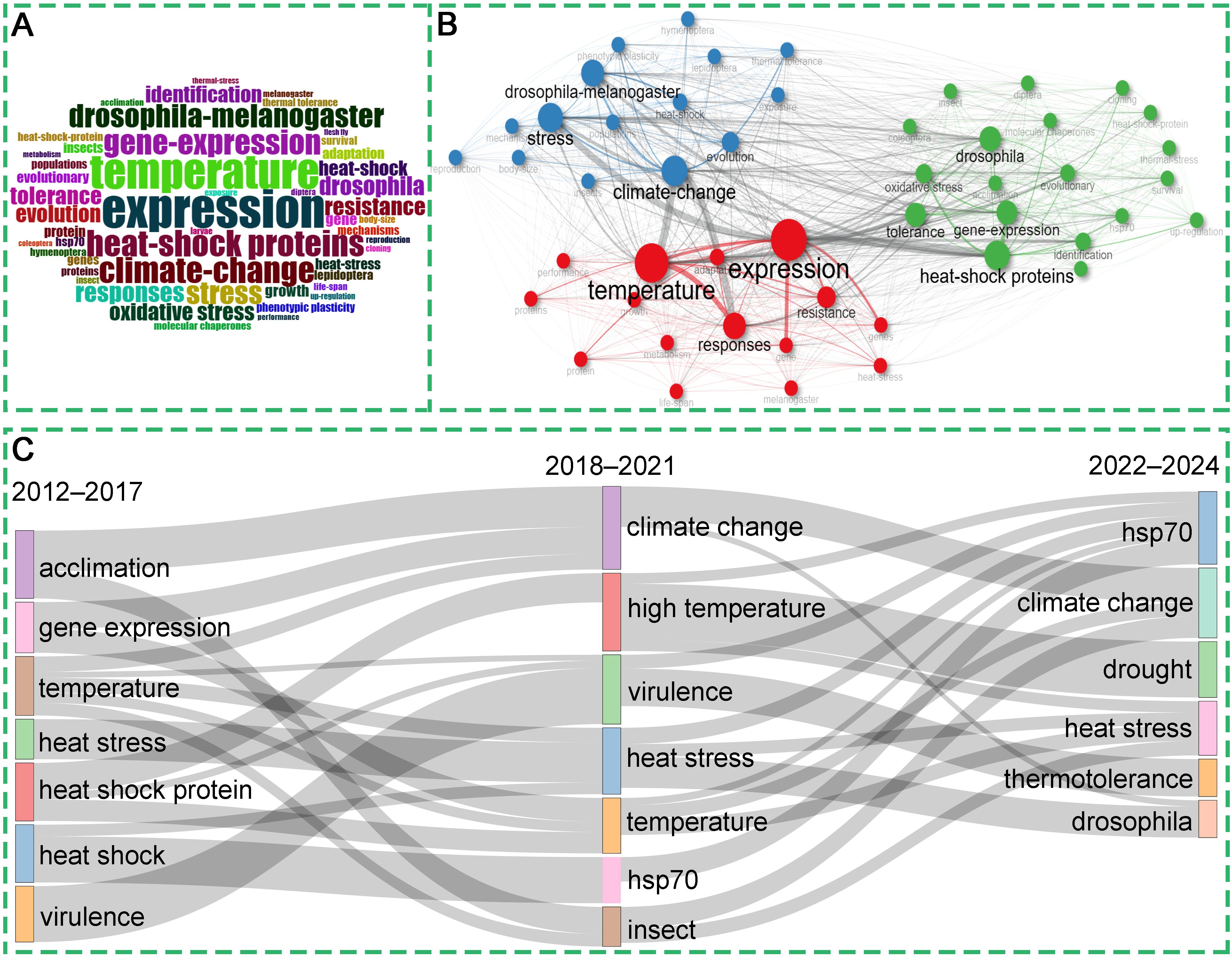 Panel A shows a colorful word cloud with prominent words like “temperature,” “expression,” and “drosophila-melanogaster.” Panel B is a network graph with nodes representing terms such as “climate-change” and “expression.” Panel C is a flow diagram showing term evolution from 2012 to 2024, with transitions between terms like “acclimation,” “gene expression,” “climate change,” and “hsp70.”