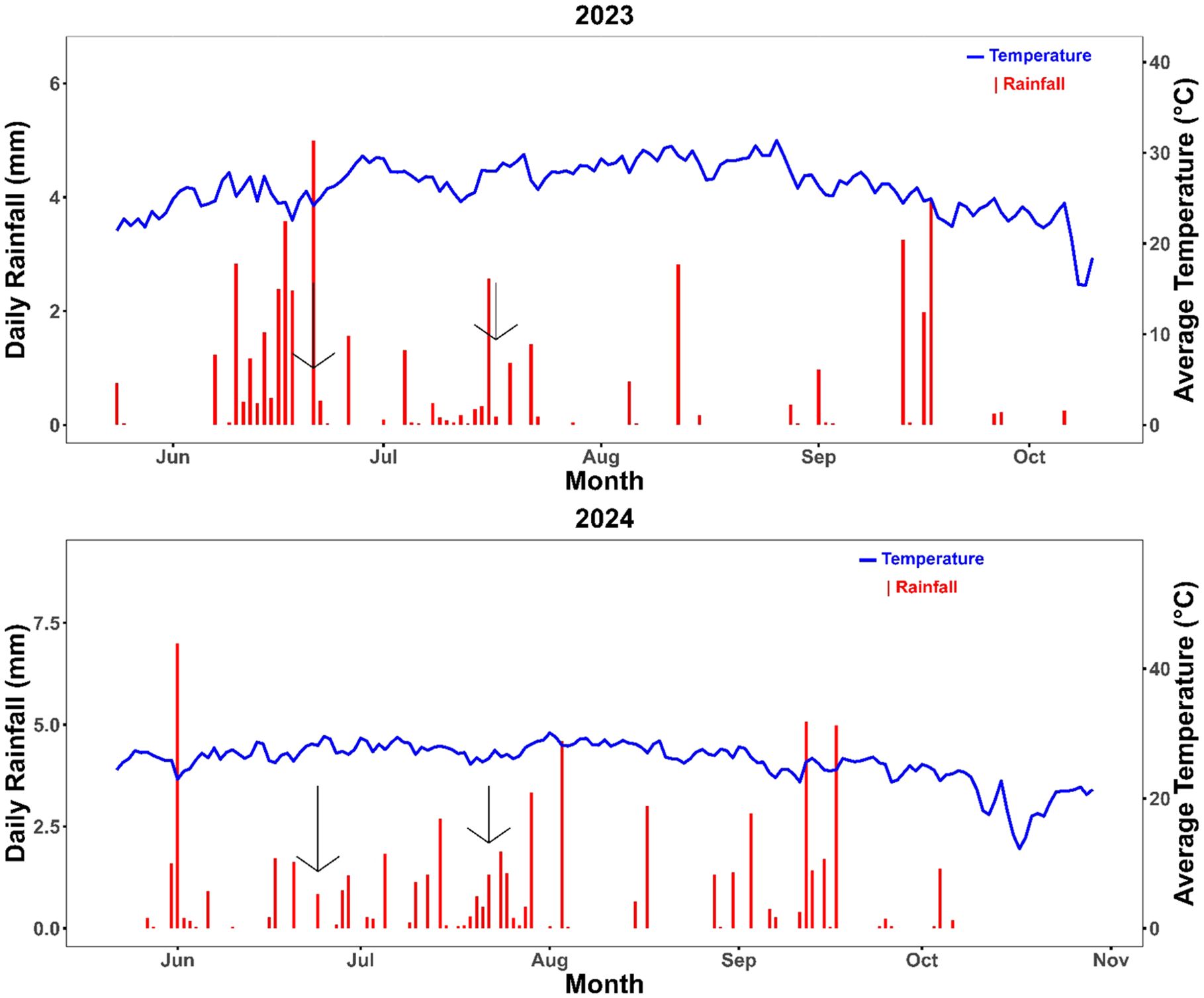 Two line graphs showing daily rainfall and average temperature from June to November for 2023 and 2024. In both graphs, rainfall is red and temperature is blue. The 2023 graph shows higher temperature fluctuations and rainfall peaks in June and July, whereas the 2024 graph has more consistent temperature and sporadic rainfall with peaks in June, July, and September.