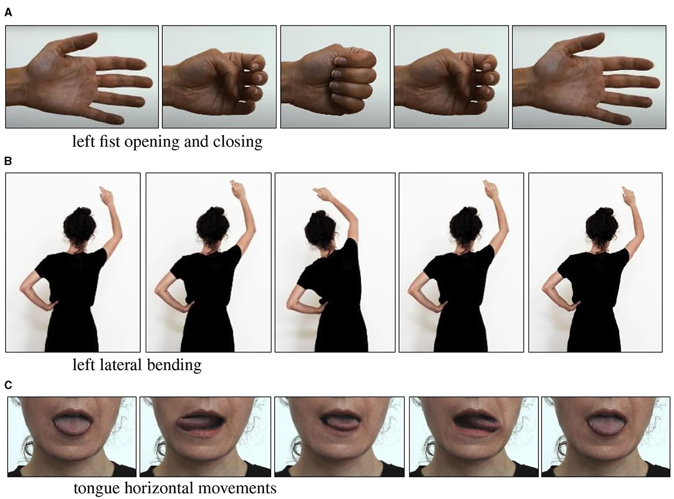 Panel A shows a hand opening and closing a fist. Panel B depicts a person performing left lateral bending exercises with raised arms. Panel C illustrates tongue horizontal movements across different stages.