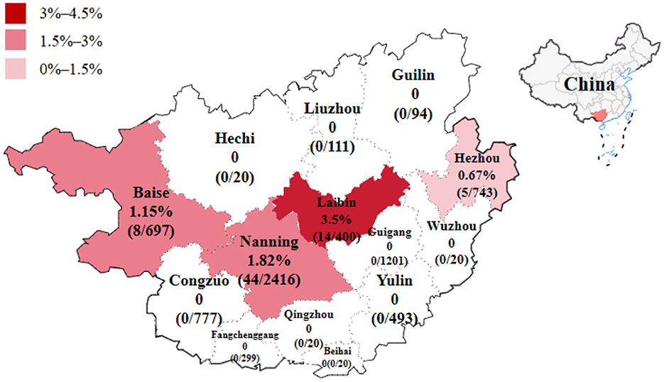 Map of China highlighting regions with specified percentage ranges of a certain data point. Laibin shows 3.5%, Nanning 1.82%, and Baise 1.15%. Hezhou is at 0.67%. Other regions like Liuzhou and Guilin display 0%. Different shades of red represent the percentage ranges.