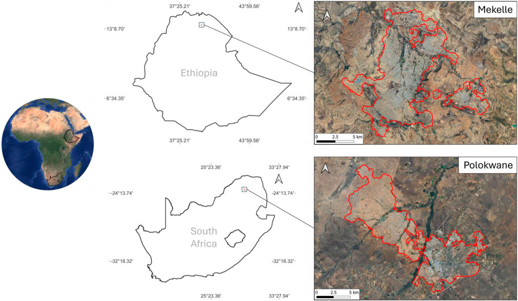 A collage featuring a globe highlighting Africa, with specific focus on Ethiopia and South Africa. Two maps depict these countries, each with satellite images of cities outlined in red. The top map shows Mekelle in Ethiopia, and the bottom map shows Polokwane in South Africa. Each map includes coordinates and scale bars for reference.