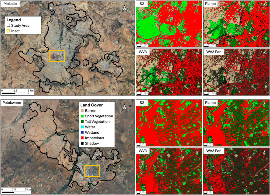 Two sets of maps show land cover classification for Mekelle and Polokwane, with study areas outlined. Insets highlight specific regions analyzed with satellite imagery (S2, WV3, Planet). Maps use color-coded legends to specify land types, such as barren, vegetation, water, and surface characteristics.