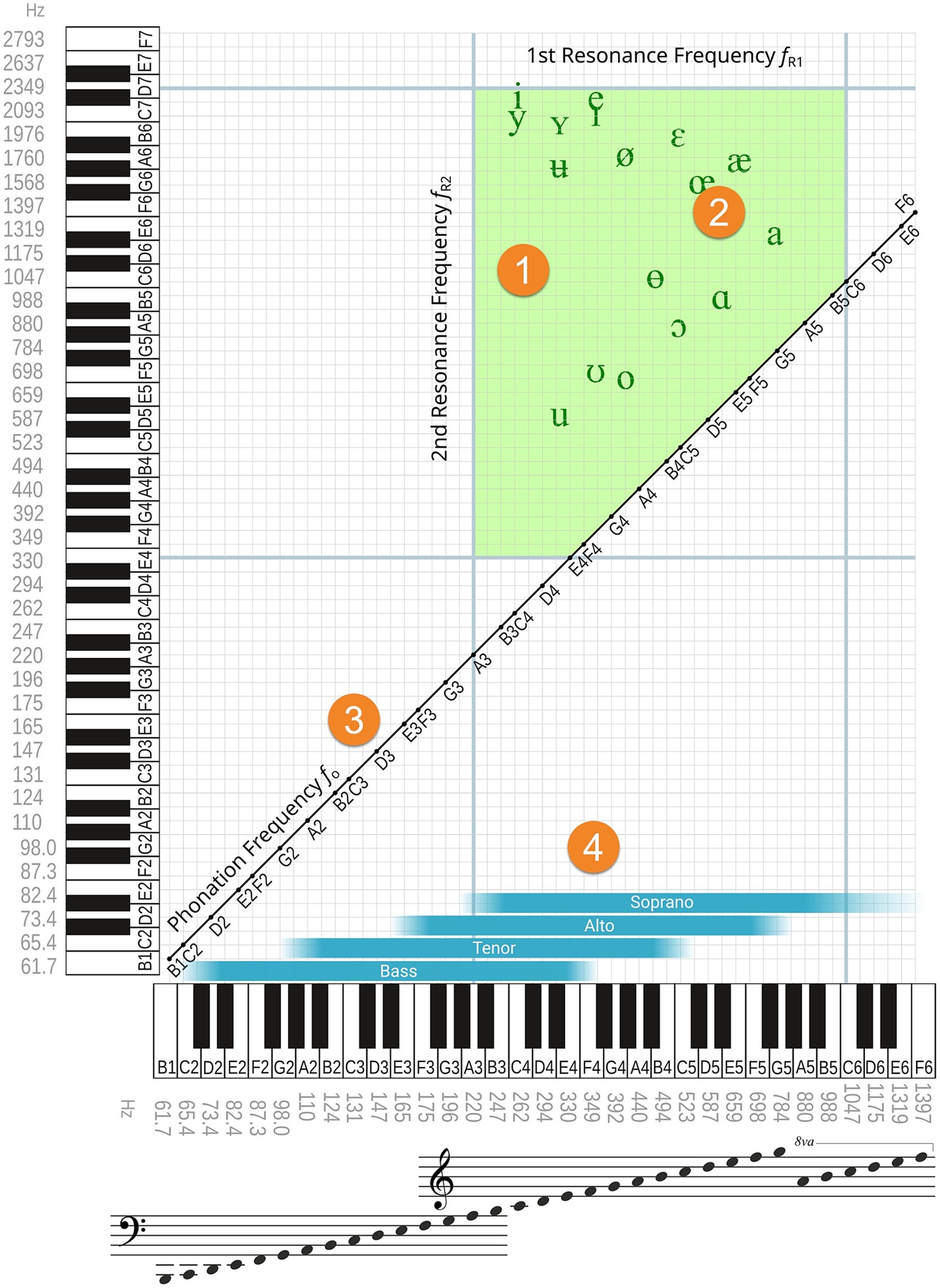 Chart mapping vowel formant frequencies (F1 and F2) onto musical pitch space relative to fundamental frequency, showing where articulable vowels fall within physiologically plausible resonance regions (green area). The diagonal line marks the limit where resonance frequencies equal the fundamental; only vowels above this line are producible. Voice types and piano keys help relate resonance frequencies to singing ranges.