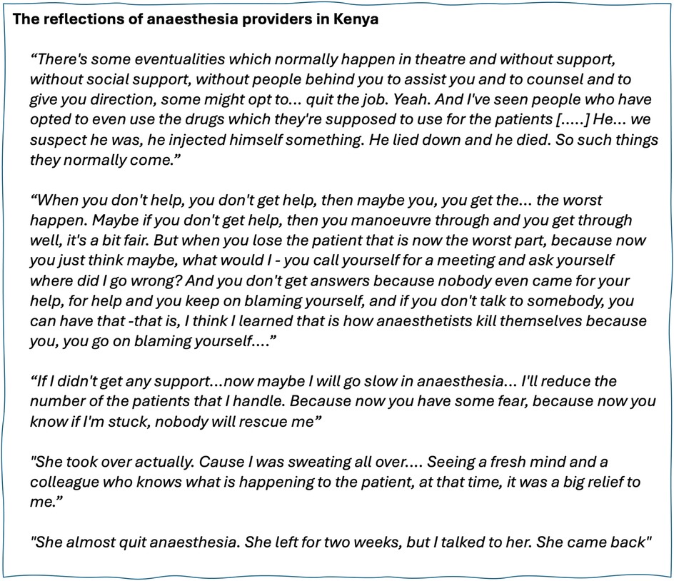 Text with reflections from anesthesia providers in Kenya, discussing challenges like lack of support, stress, self-blame following patient loss, and contemplating quitting. It highlights the mental health struggles they face in their profession.