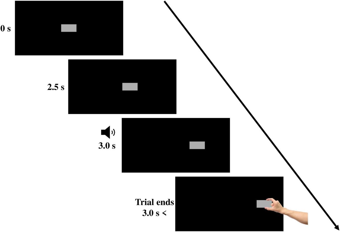 Diagram showing four sequential black rectangles, each with a centered gray rectangle, labeled at 0, 2.5, and 3.0 seconds, with a speaker icon at 3.0 seconds. The final panel shows a right hand reaching to touch the rectangle as the trial ends. An arrow points diagonally downward, indicating the sequence.
