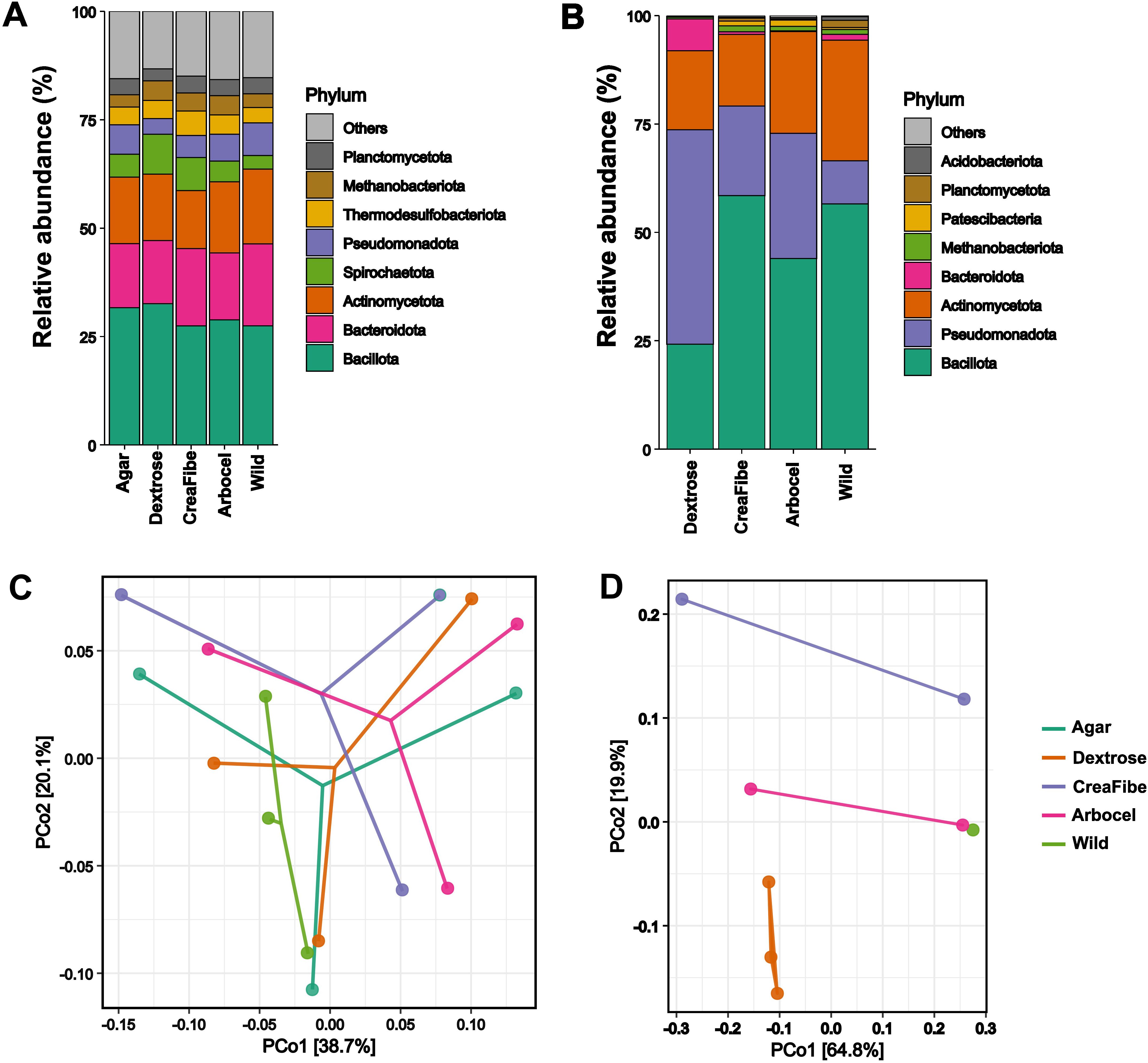 Bar charts and scatter plots illustrate phylum abundance and principal coordinate analysis (PCoA). Chart A shows relative abundance in different phyla across substrates like agar and wild. Chart B focuses on specific phyla including Acidobacteriota and Bacillota. Scatter plots C and D depict PCoA results, showing data points connected by lines, providing insights into microbial community differences across given substrates.
