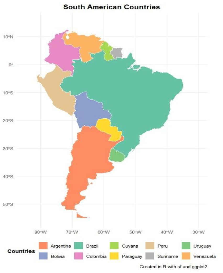 Map of South America with countries in different colors. Key indicates colors for Argentina, Brazil, Guyana, Peru, Uruguay, Bolivia, Colombia, Paraguay, Suriname, and Venezuela. Created with R and ggplot2.