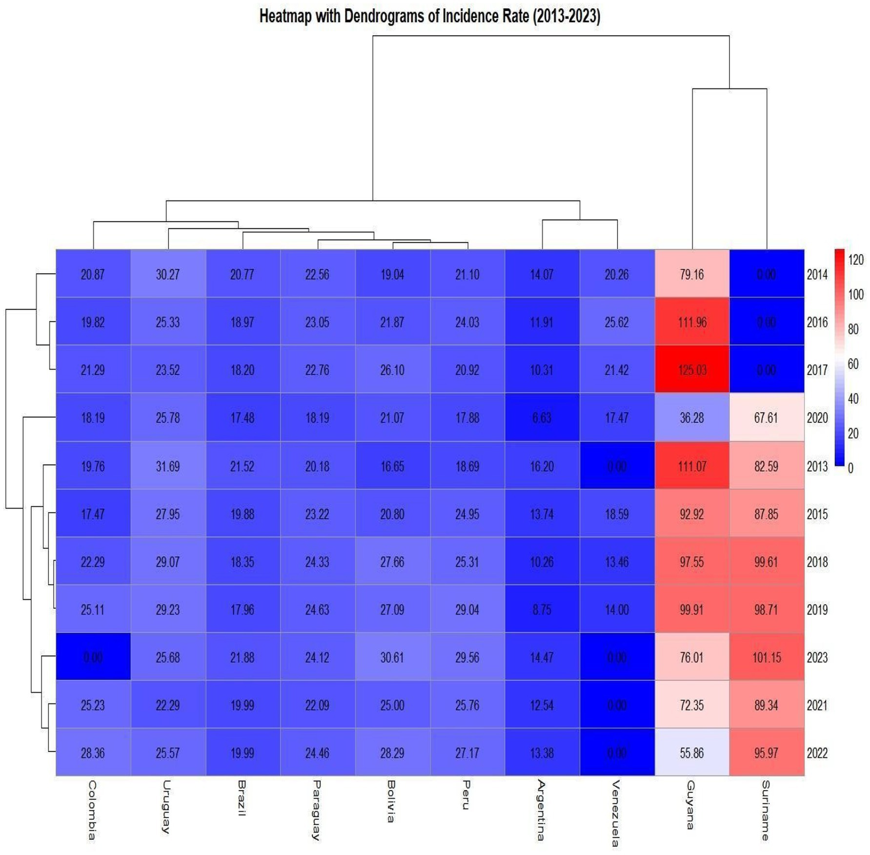 Heatmap with dendrograms showing incidence rates from 2013 to 2023 for various countries. The color gradient ranges from blue for lower rates to red for higher rates. Countries are listed vertically; years are horizontal. High incidence rates in countries including Venezuela in 2017 and Suriname in 2016.
