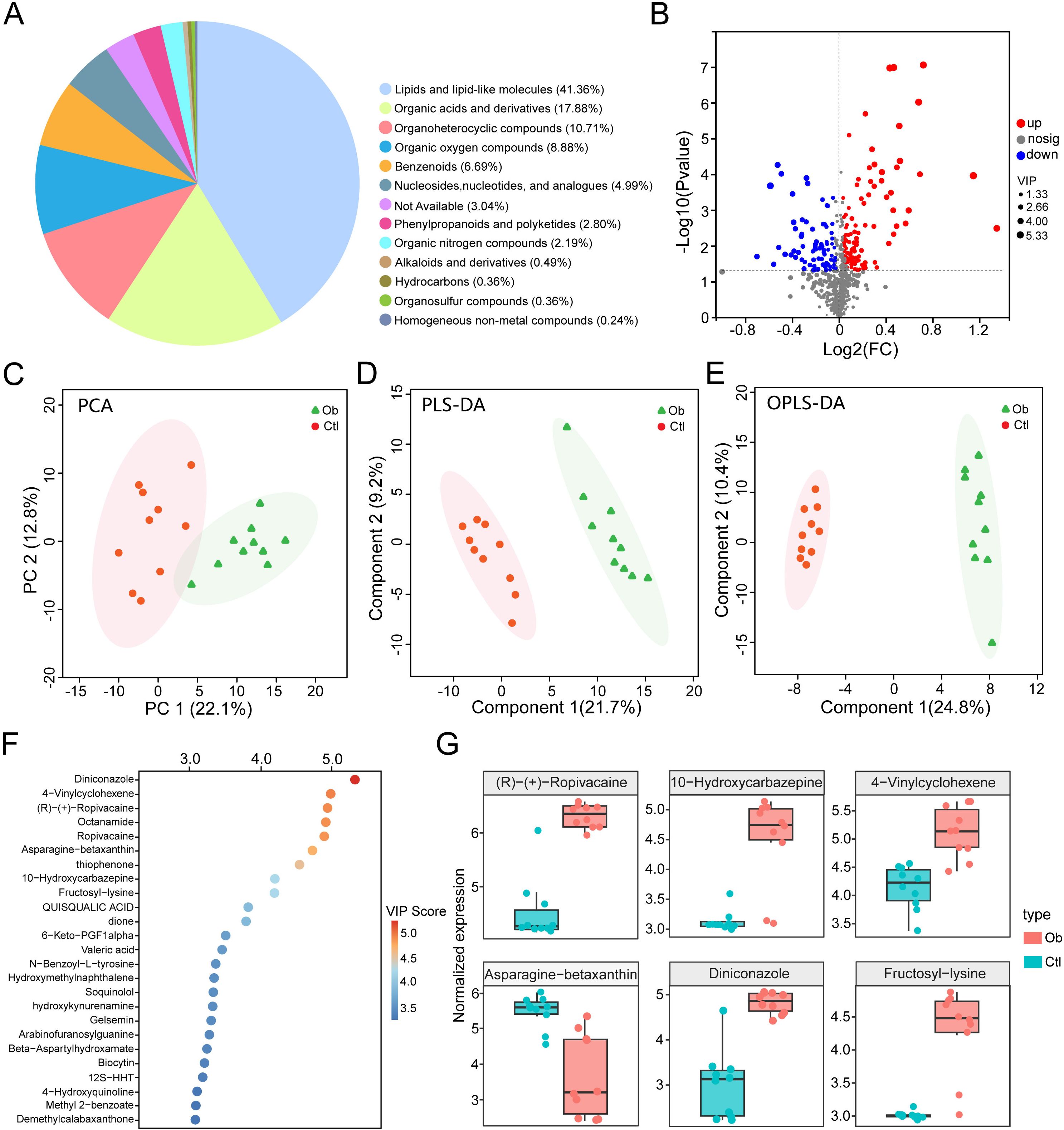 A composite image with seven panels. A: Pie chart showing distribution of chemical classes, with lipids and lipid-like molecules as the largest group at 41.36%. B: Volcano plot of differentially expressed compounds, with red dots indicating upregulation, gray dots non-significant, and blue dots downregulation. C: PCA plot showing distinct clusters for Ob and Ctl groups. D: PLS-DA plot depicting separation of Ob and Ctl groups. E: OPLS-DA plot with clear group differentiation. F: Bar chart of VIP scores for top compounds influencing group separation. G: Box plots of normalized expression for six highlighted compounds in Ob and Ctl groups.