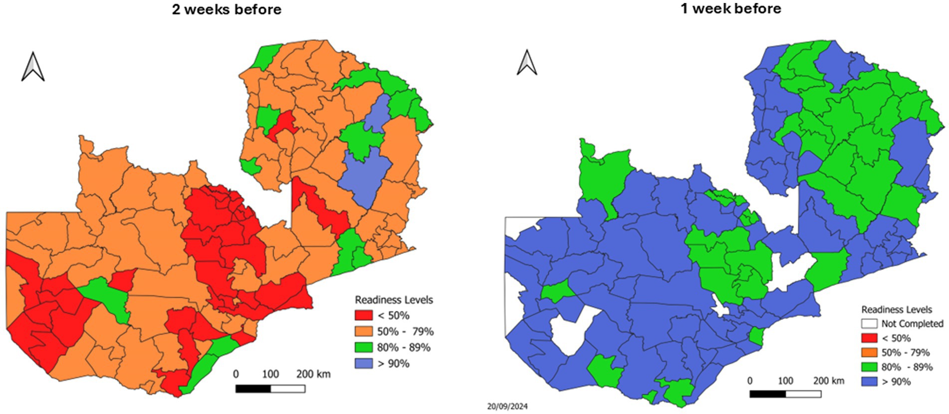 Two maps showing sub-national MR SIA readiness assessments for Zambia. The left map, labeled