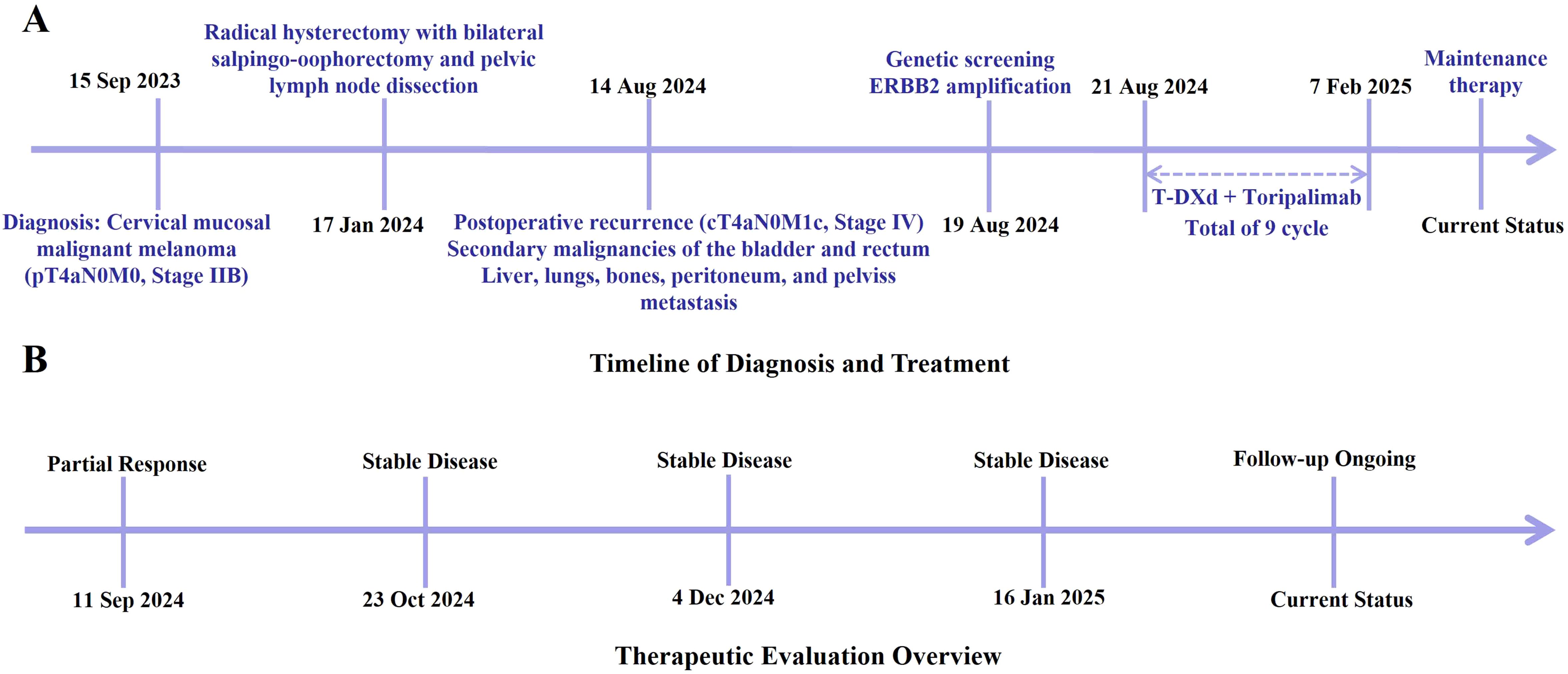 A timeline of diagnosis and treatment for cervical mucosal malignant melanoma, starting on September 15, 2023, with diagnosis and progressing through treatments and evaluations, ending with maintenance therapy. Genetic screening and therapy cycles are noted, along with a therapeutic evaluation showing partial response and stable disease between September 2024 and January 2025, with follow-up ongoing.
