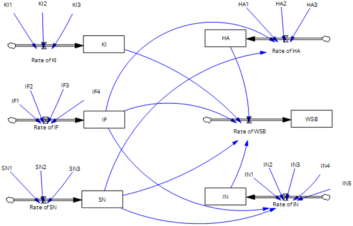 Flowchart depicting five processes labeled KI, IF, SN, HA, and IN, each with input rates and influencing arrows. Arrows indicate interactions and dependencies among the processes, such as KI affecting HA and WSB, with labeled rates for each process.