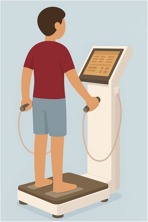 Illustration of a person standing on a body composition analyzer machine, holding handles connected to a console with a display screen. The individual wears a red shirt and blue shorts.