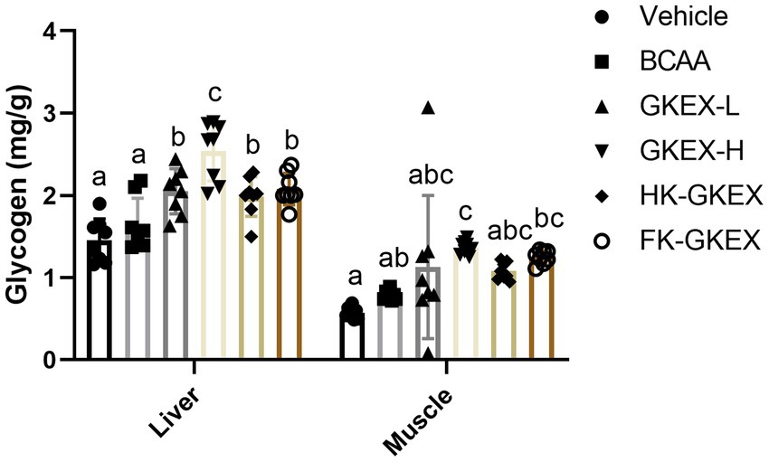 Bar chart comparing glycogen levels in the liver and muscle for various groups: Vehicle, BCAA, GKEX-L, GKEX-H, HK-GKEX, and FK-GKEX. Liver and muscle glycogen are both highest in GKEX-H. Significance differences are denoted by differing letter annotations above the bars.