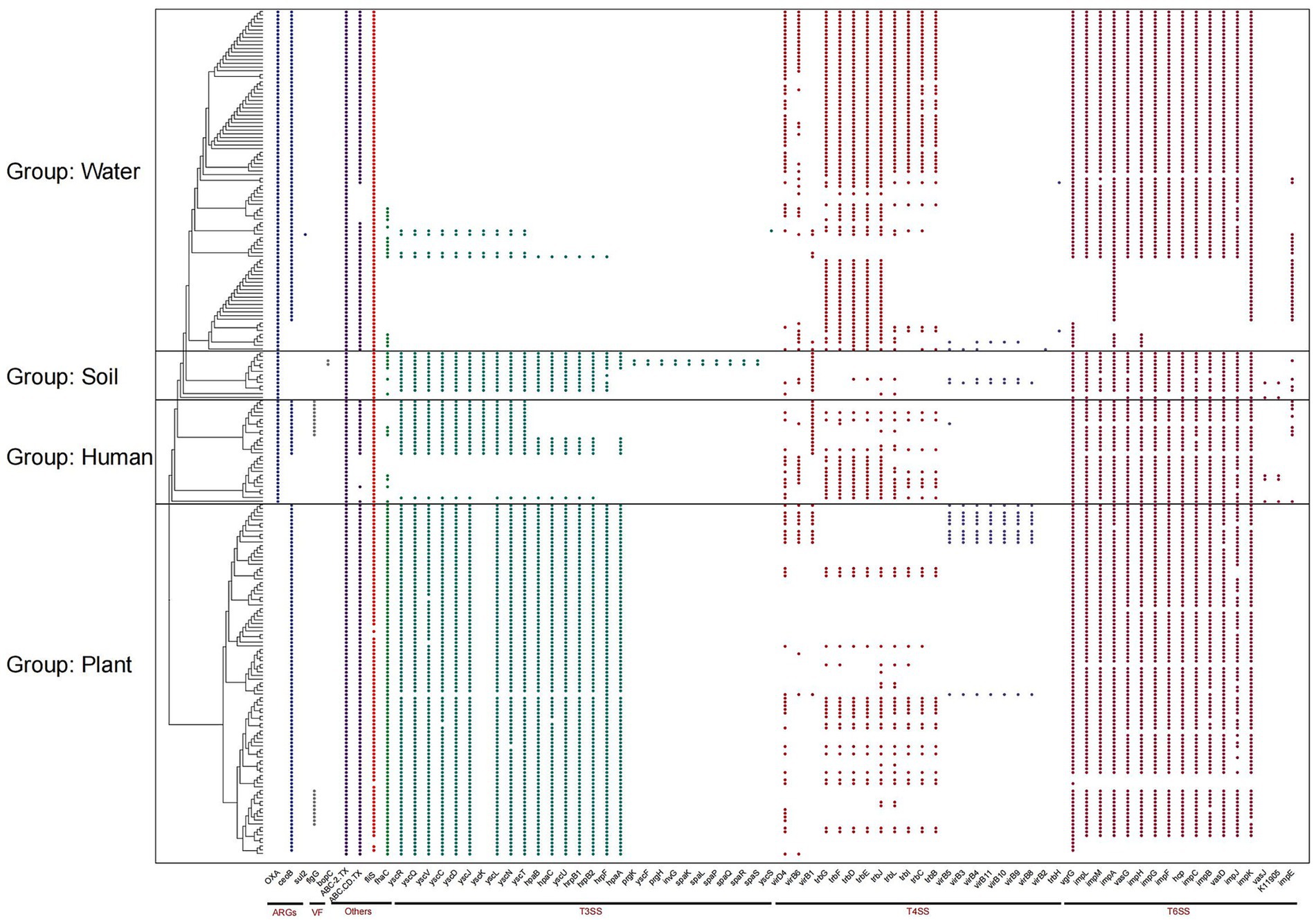 Clustered bar chart showing the distribution of data across four groups: Water, Soil, Human, and Plant. Each group features various colored dots representing different quantities or categories, with key sections labeled ARGs, VF, Others, T3SS, T4SS, and T6SS at the bottom. Hierarchical clusters are shown on the left.