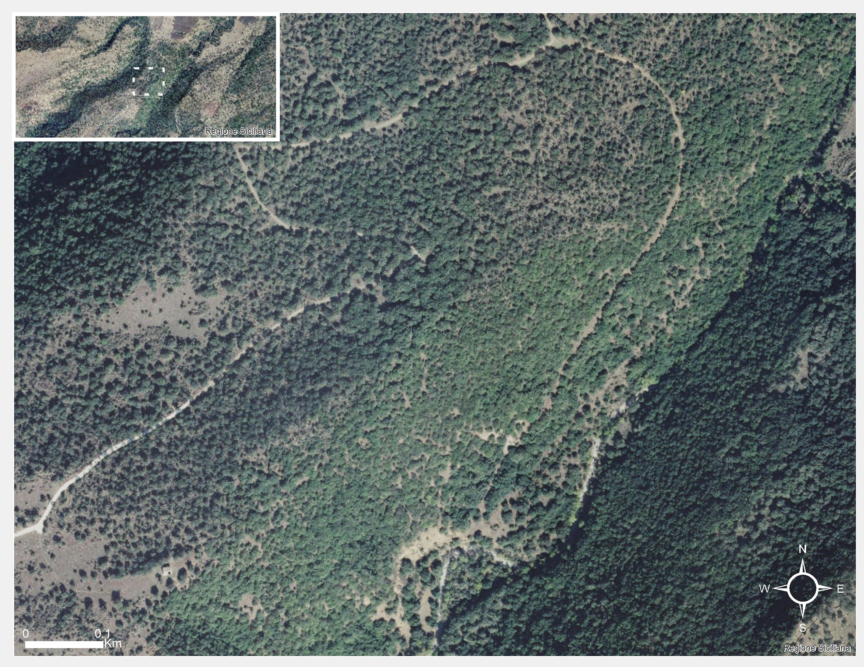 Aerial view of a forested area with visible paths and clearings. Thelandscape shows dense green foliage and brown patches of earth. A small inset map in the top-left corner highlights a specific section with marked points. A compass rose indicates north on the bottom right, and a scale bar is located in the bottom-left corner.