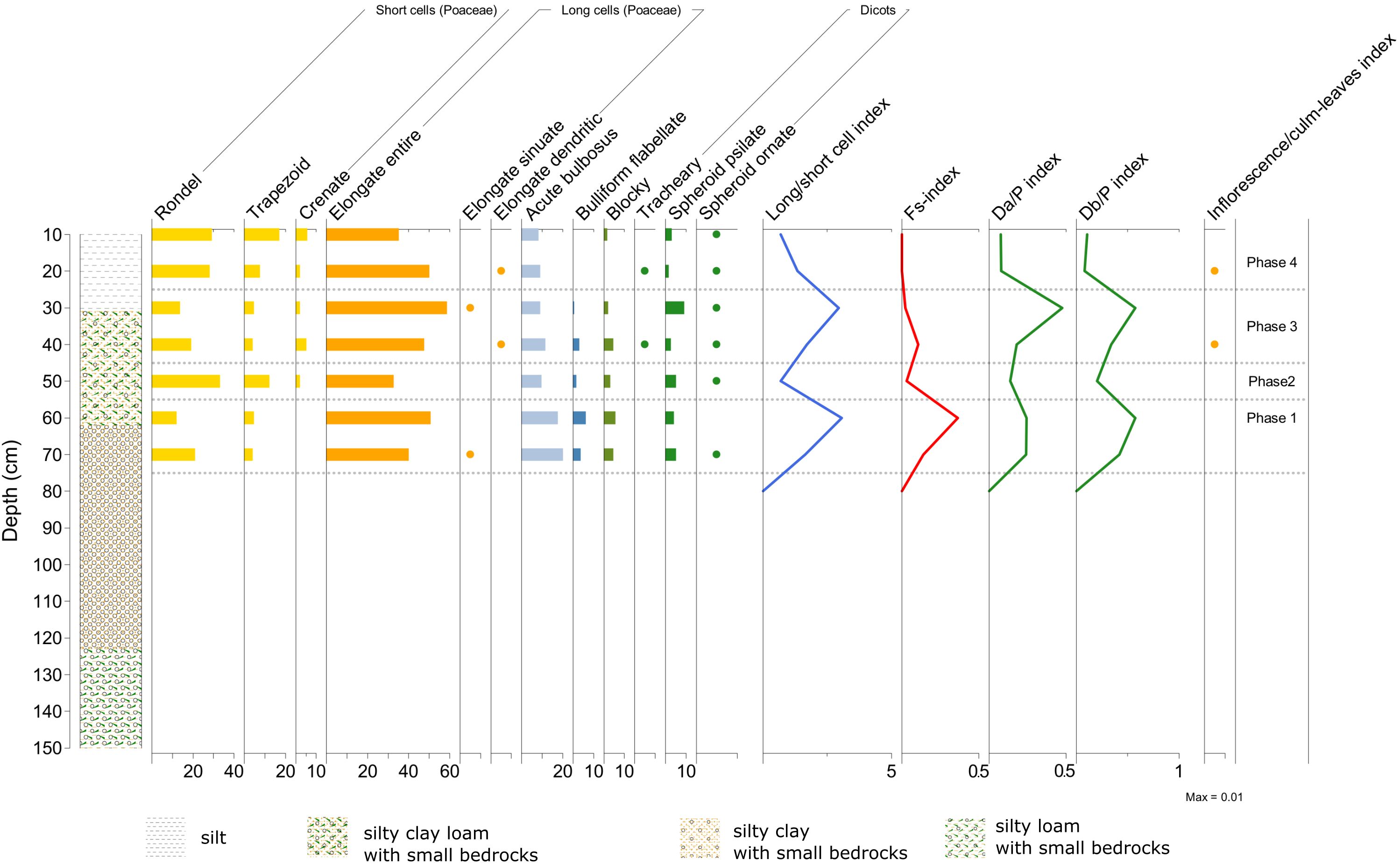 Diagram of soil depth and composition from 0 to 150 cm,showing various indices for phytoliths analysis and phases. Bar and line graphs illustrate data for different phytoliths types like rondel, trapezoid, and long cells. Four phases are marked on the depth scale.