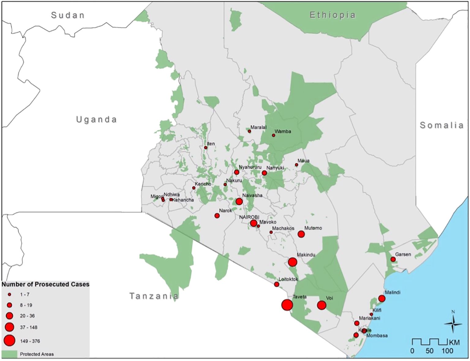 Map of Kenya highlighting the number of prosecuted cases across various towns with red circles. Larger circles indicate a higher number of cases. Protected areas are marked in green. Towns like Nairobi, Mombasa, and Malindi show larger red circles, indicating more cases. Neighboring countries and the coastline are outlined.