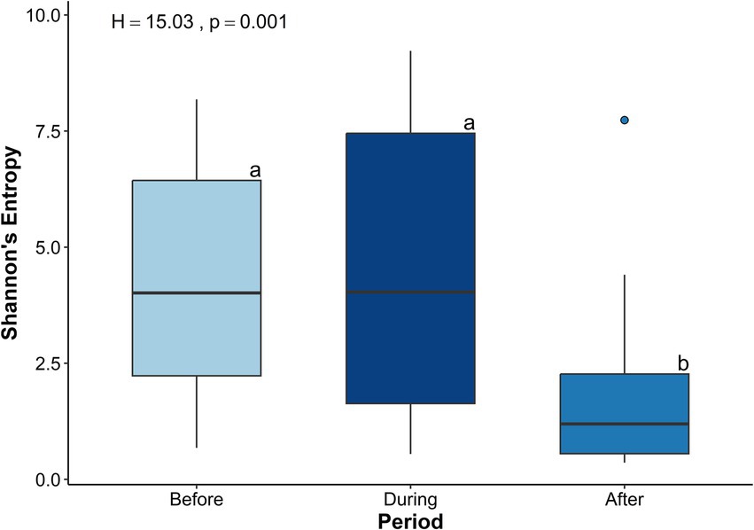 Box plot showing Shannon's Entropy across three periods: Before, During, and After. The Before and During periods have higher median values labeled 'a', while After is lower and labeled 'b'. Statistical test shows H equals fifteen point zero three, p equals 0.001.