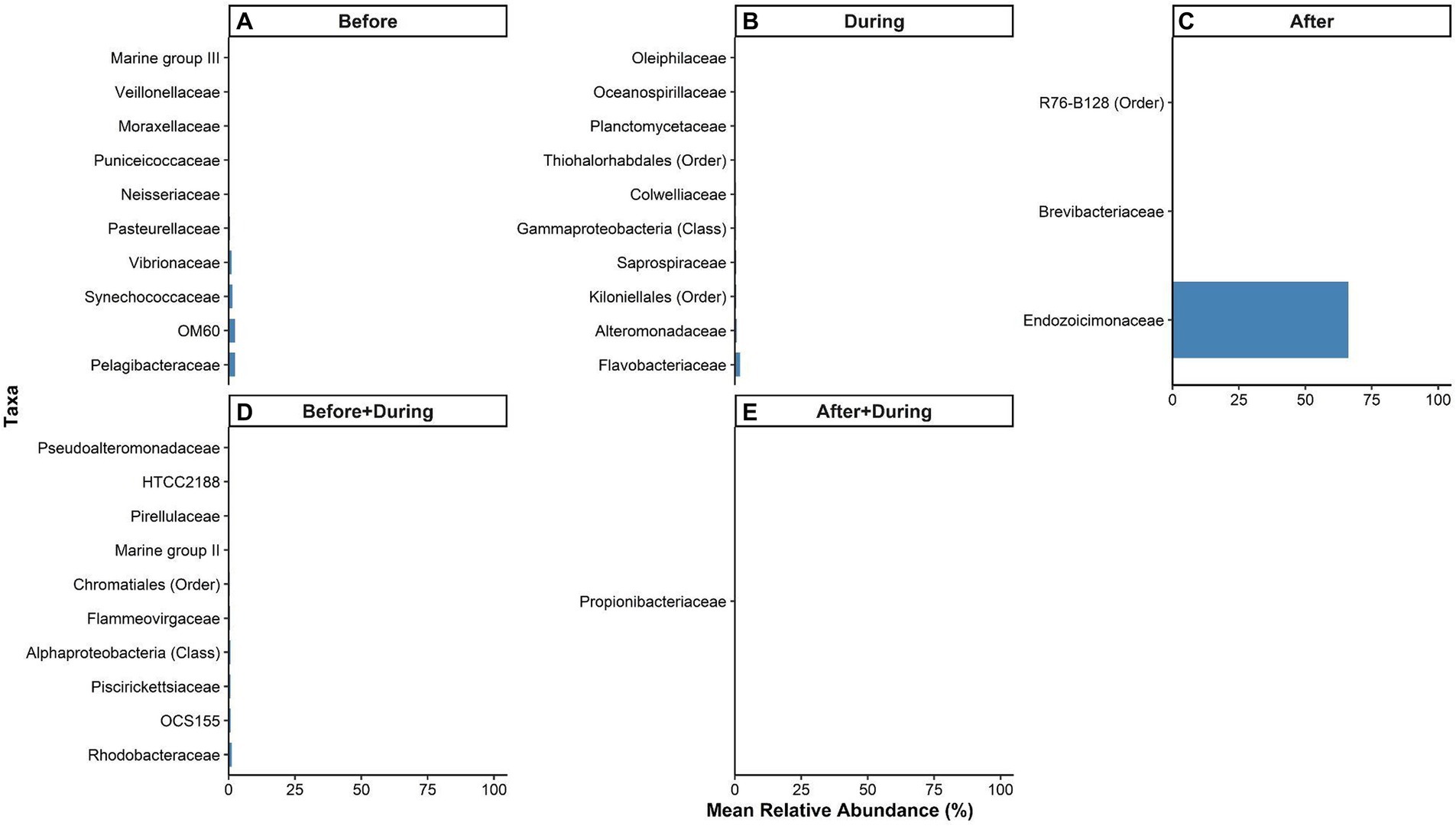 Bar charts labeled A to E show the mean relative abundance of various taxa in different conditions: Before, During, After, Before+During, and After+During. The only significant abundance is in chart C (After), where Endozoicimonaceae shows around thirty-five percent. Other taxa across charts A, B, D, and E show minimal or no relative abundance.