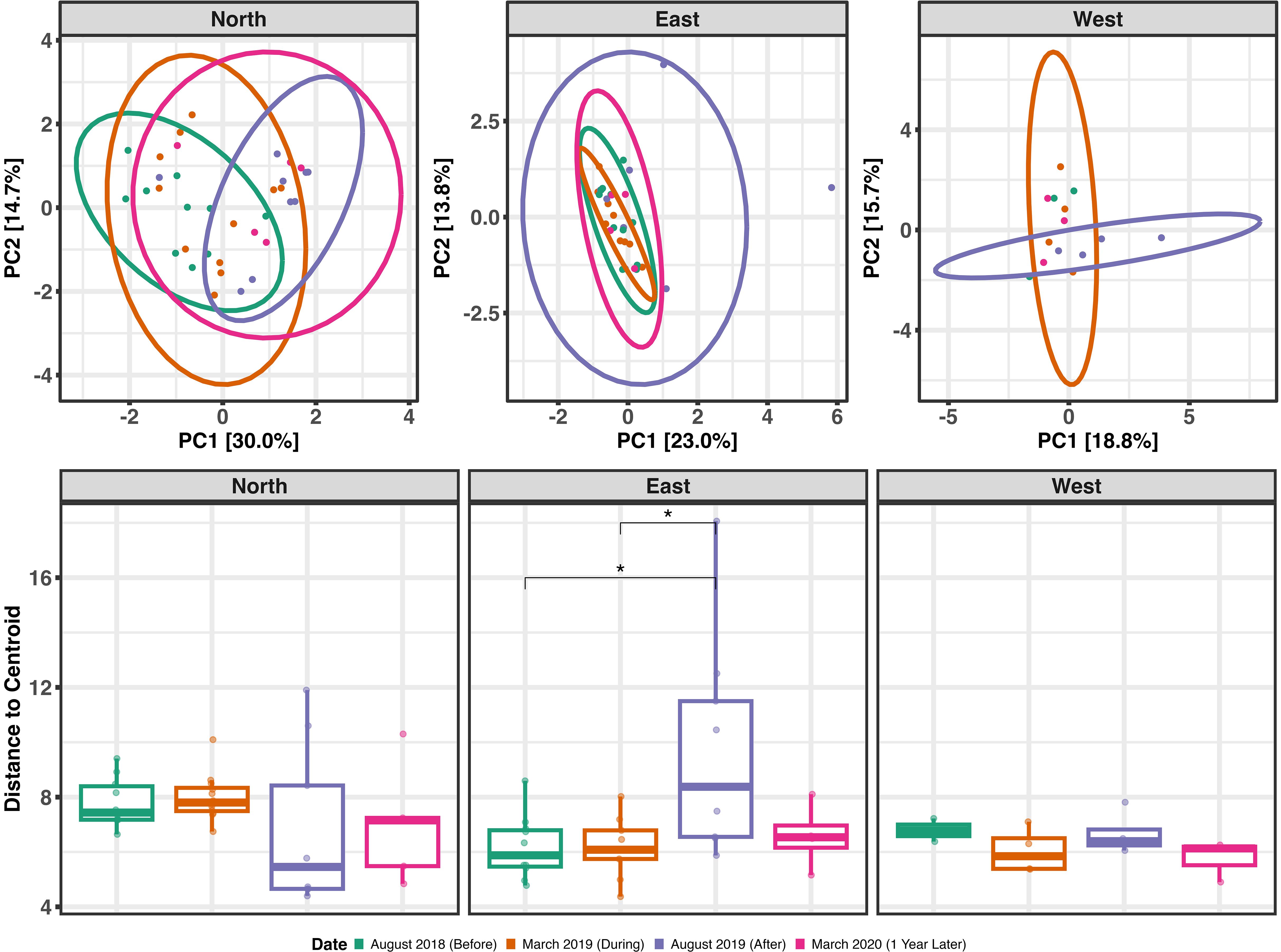 Top panel shows three PCA plots for regions North, East, and West, each with differently colored ellipses representing data over four time periods. Bottom panel shows box plots for the same regions, depicting the distance to centroid over the same time periods, with notable differences marked by asterisks in the East plot. Dates are color-coded in the legend.