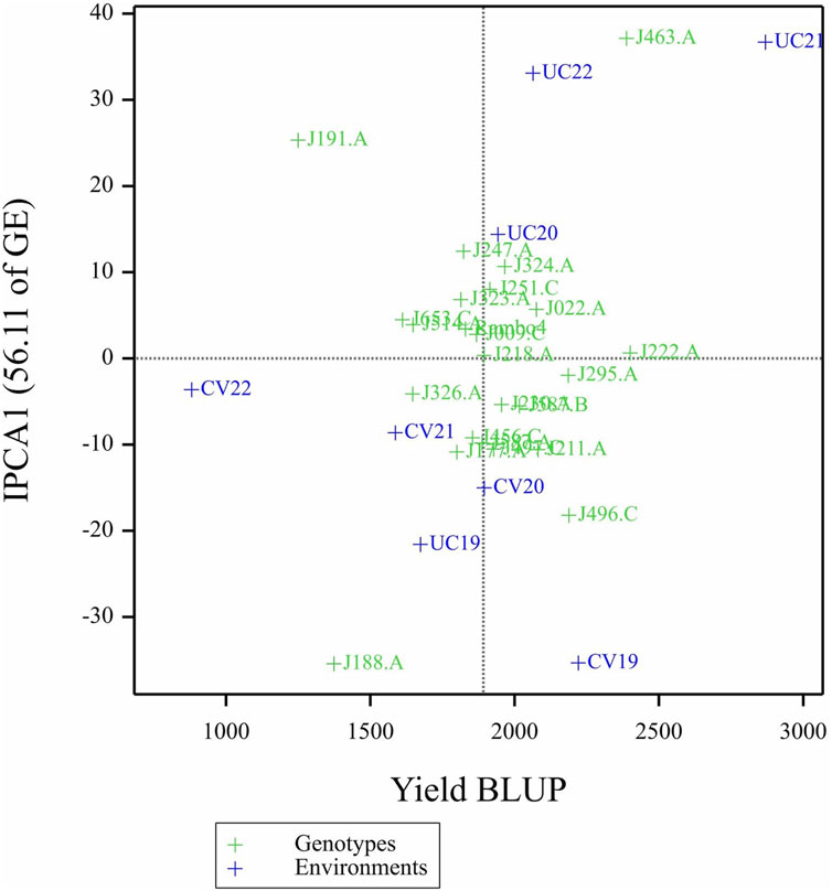 Biplot of genotype mean performance (yield as BLUP-predicted value) versus first interaction principal component (IPCA1) scores.