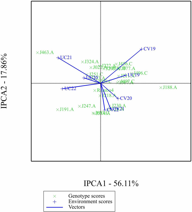 Biplot of first interaction principal component (IPCA1) scores versus second interaction principal component (IPCA2) scores.