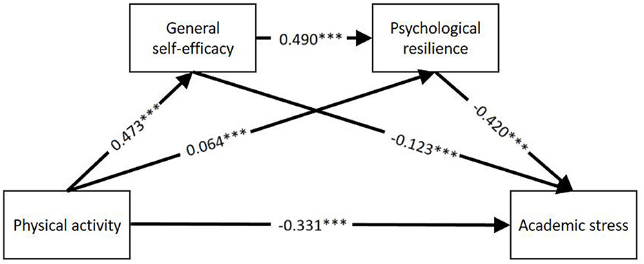 Diagram showing relationships between variables involved in academic stress. Arrows indicate paths with coefficients: Physical activity is linked to general self-efficacy (0.473) and academic stress (-0.331). General self-efficacy is connected to psychological resilience (0.490) and academic stress (0.064). Psychological resilience relates to academic stress (-0.420) and is connected from physical activity (-0.123). Arrows represent direct and indirect effects among the factors.