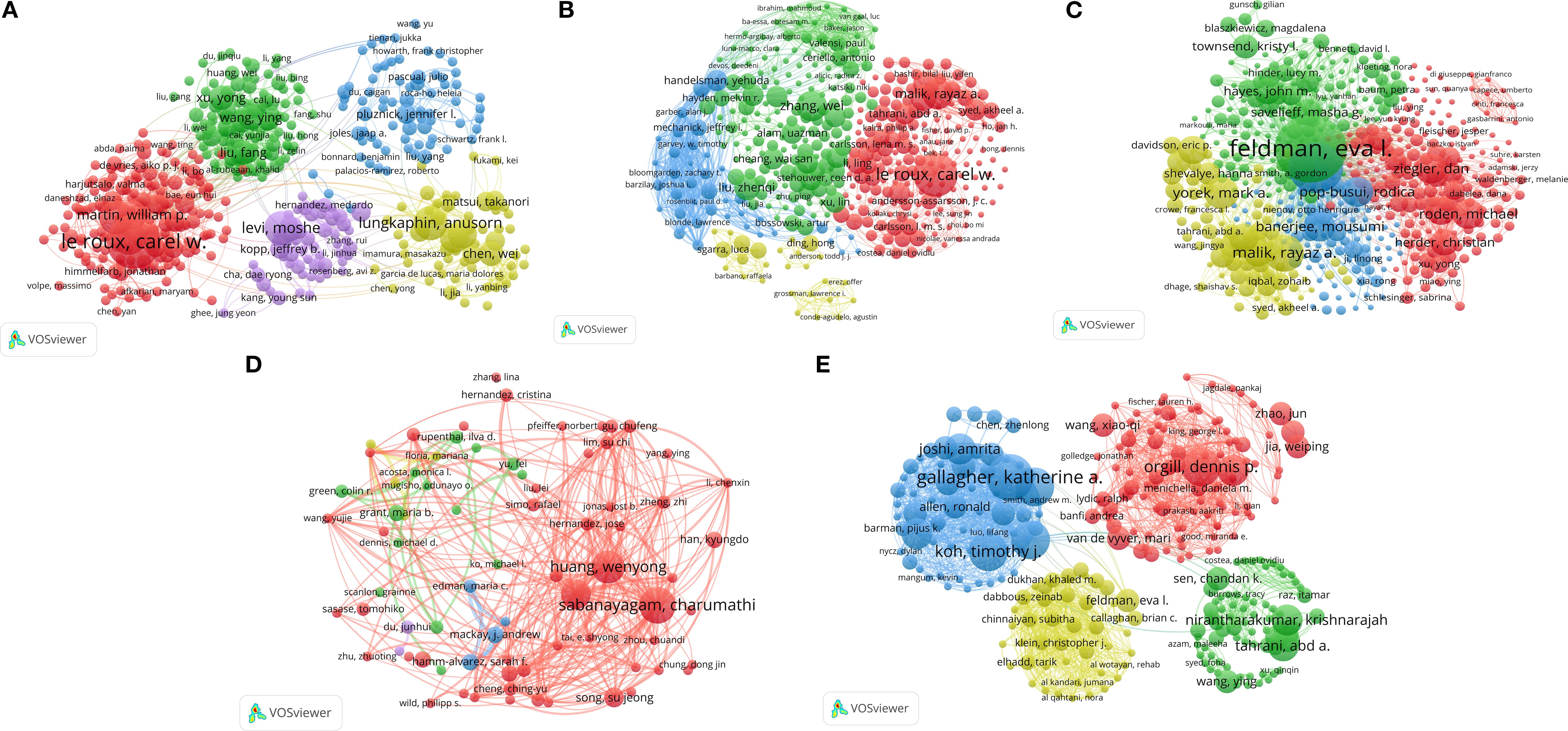 A set of five network graphs labeled A to E, each displaying clusters of nodes representing individuals with connecting lines indicating collaborations or connections. Different colors highlight diverse groups within each network, suggesting distinct associations or research areas. Prominent names are shown in larger text, indicating key figures in each group. The graphs are created using VOSviewer software, featuring a mix of dense and sparse connections illustrating varying degrees of collaboration.