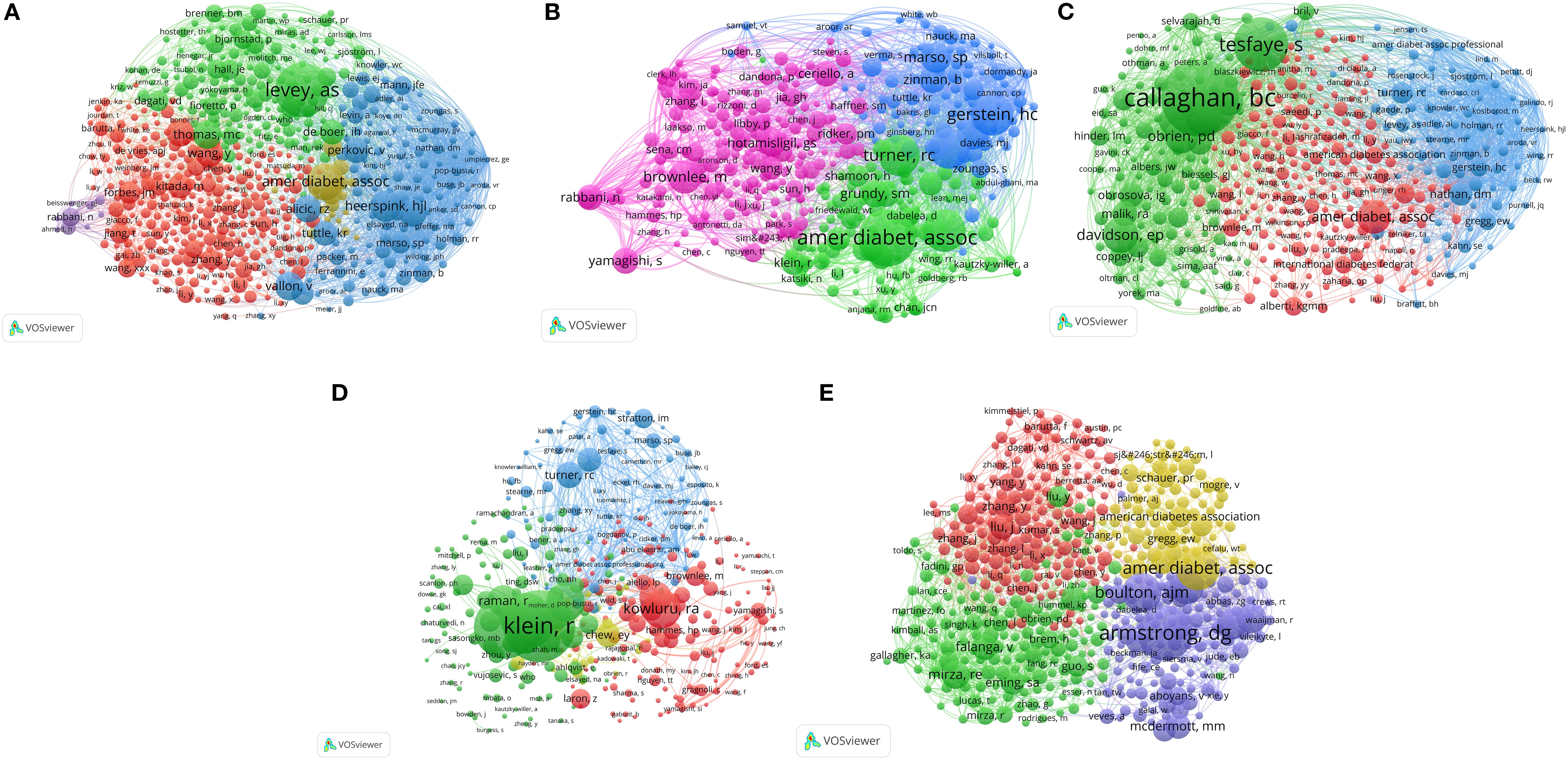 Network maps generated with VOSviewer show clusters of interconnected nodes representing academic authors or entities. Diagrams labeled A to E highlight different collaborations and connections using distinct colors such as green, blue, red, pink, and yellow. Each map includes dense networks of nodes with varying cluster sizes, demonstrating relationships and research collaborations.