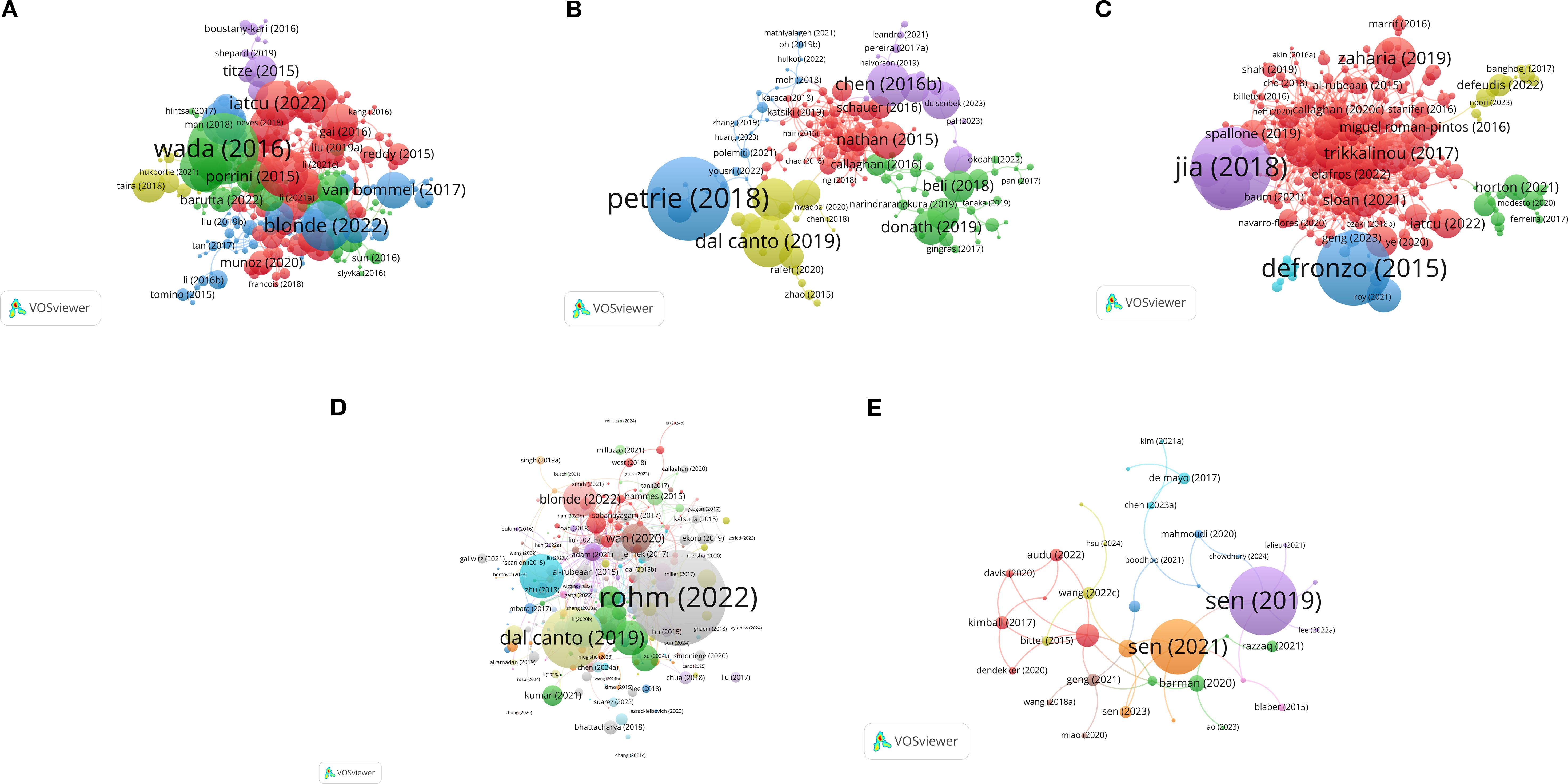 A set of five scientific collaboration network visualizations, labeled A to E, created using VOSviewer. Each network shows clusters of colored nodes representing authors, with larger nodes indicating higher significance. Labels include names and years, such as wada (2016) in A, petrie (2018) in B, jia (2018) in C, rohm (2022) in D, and sen (2019) in E. The colors and connections denote collaboration strength and frequency among various authors.