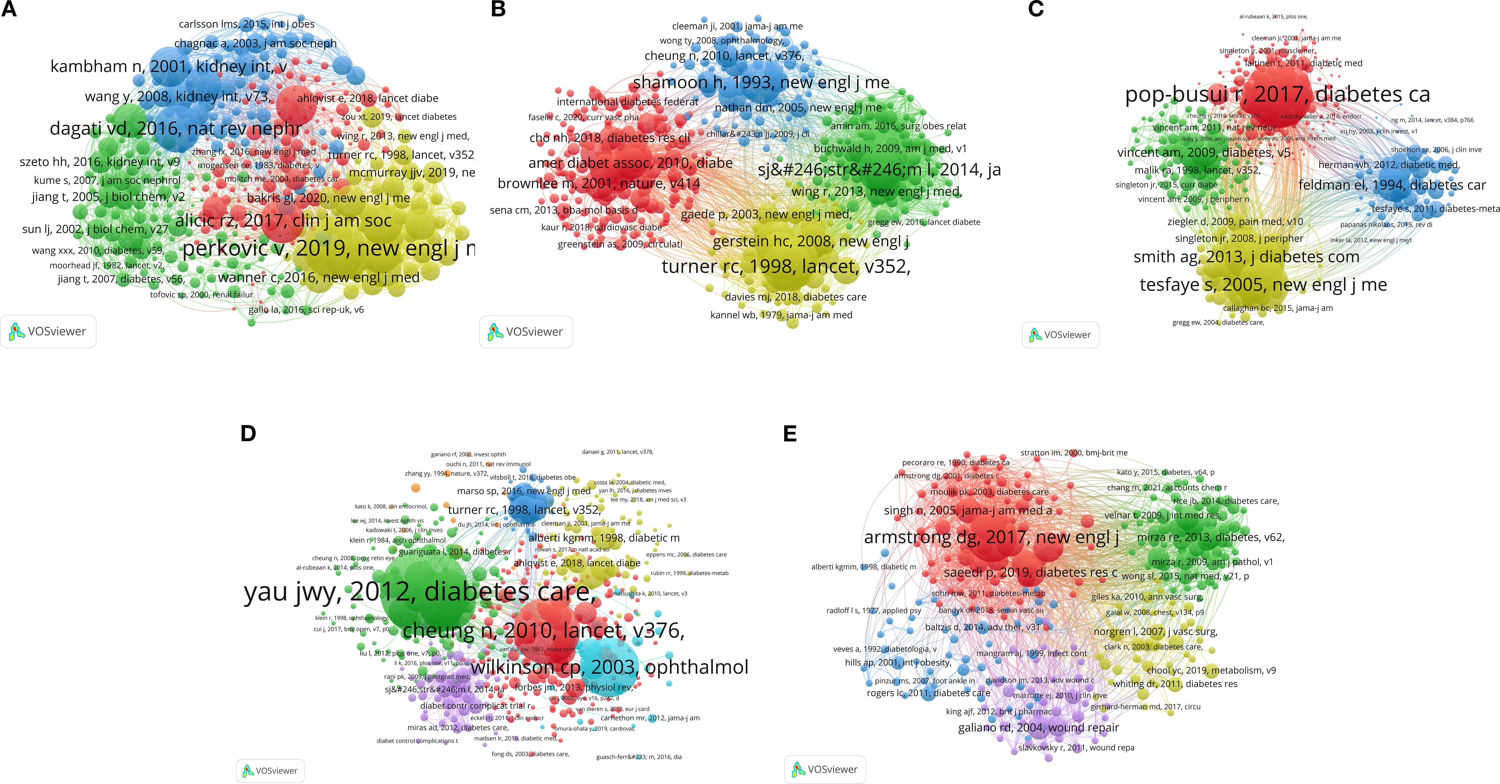 Five interconnected network visualizations titled A, B, C, D, and E, showcasing clusters of keywords linked by lines. Clusters are color-coded, with larger font sizes indicating prominence. Labels denote authors, years, and journal names, reflecting research networks generated by VOSviewer.