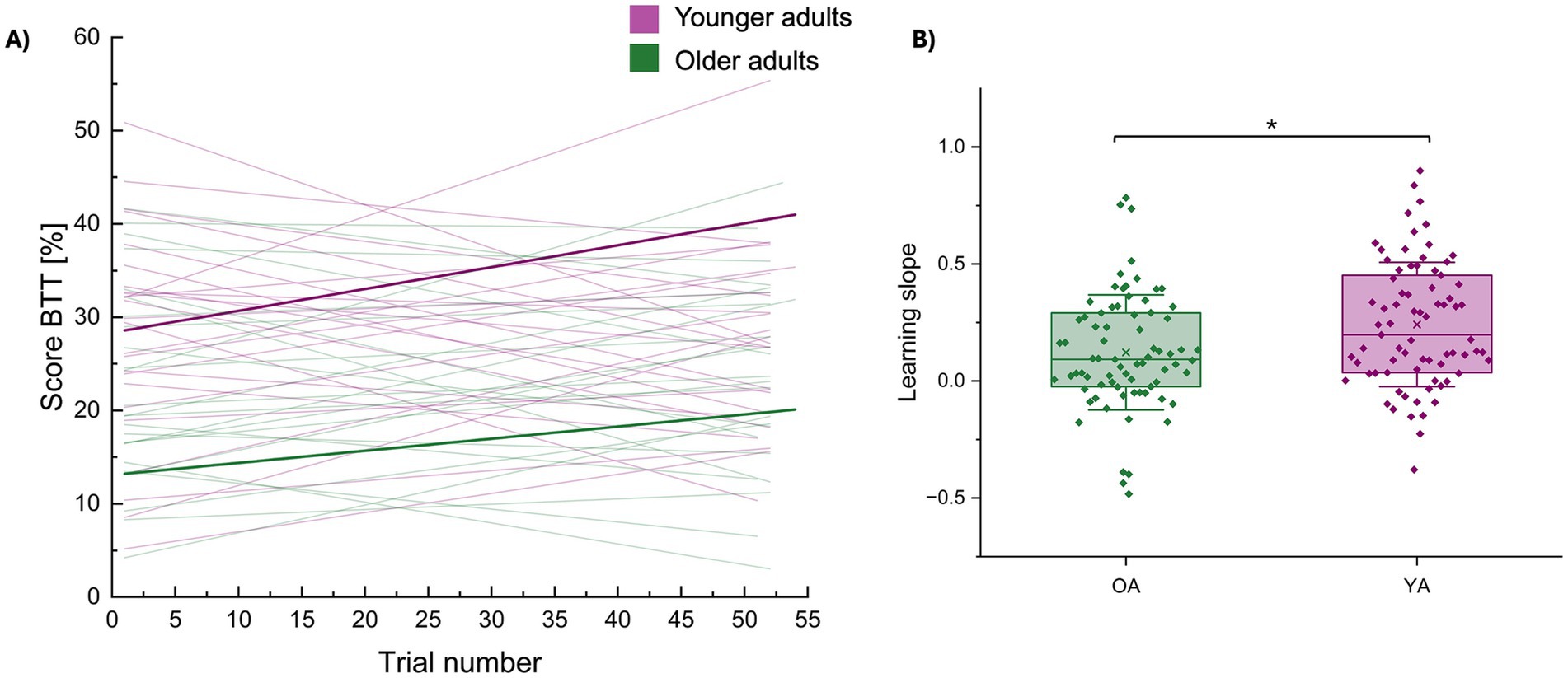 Box plot comparing BTT scores in younger and older adults across three tasks (1:1, 1:3, 3:1). Younger adults have higher scores in all tasks. Significant differences are marked (****, ***, ns).