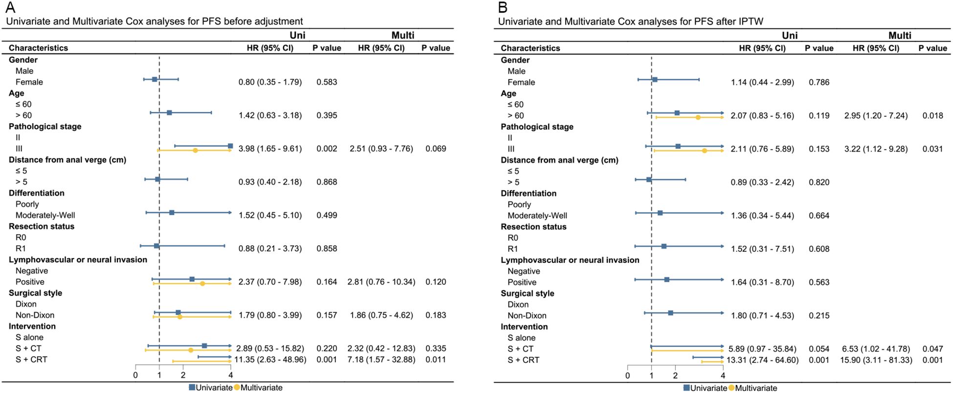 Forest plots comparing univariate and multivariate Cox analyses for progression-free survival (PFS). Panel A shows results before adjustment, and Panel B after IPTW adjustment. Risk factors include gender, age, pathological stage, distance from anal verge, differentiation, resection status, lymphovascular or neural invasion, surgical style, and intervention. Hazard ratios and confidence intervals are provided for each factor, highlighting significant values for pathological stage and intervention after adjustment.
