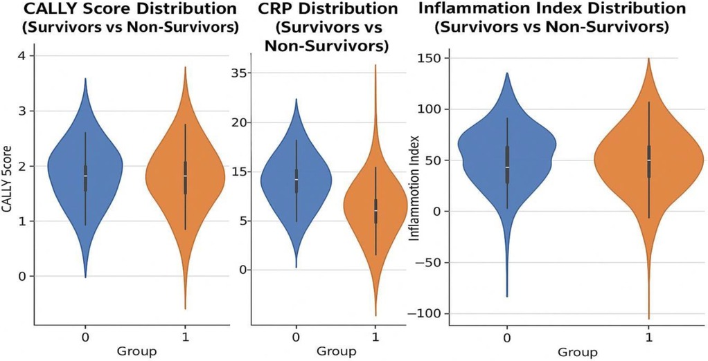 (Violin plots with box-plots): Violin plots with internal box-plots compare CALLY index, CRP (mg/L), and a composite inflammation index between survivors and non-survivors. Each violin shows distribution shape; the central box shows the median and IQR; whiskers denote 1.5×IQR. Group labels: 'Survivor' and 'Non-survivor'. Higher values indicate greater inflammation burden.