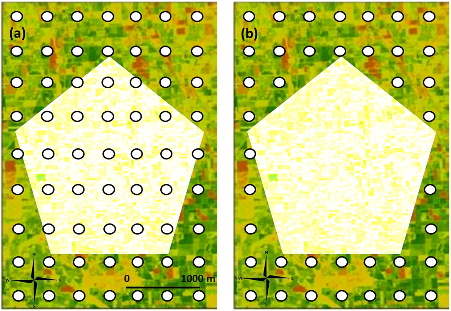 Two panels with geometric designs overlaying a green and yellow map. Panel (a) and (b) feature a pentagon and grid of white circles. A compass rose and scale bar indicating 0 to 1000 meters are at the bottom of each panel.