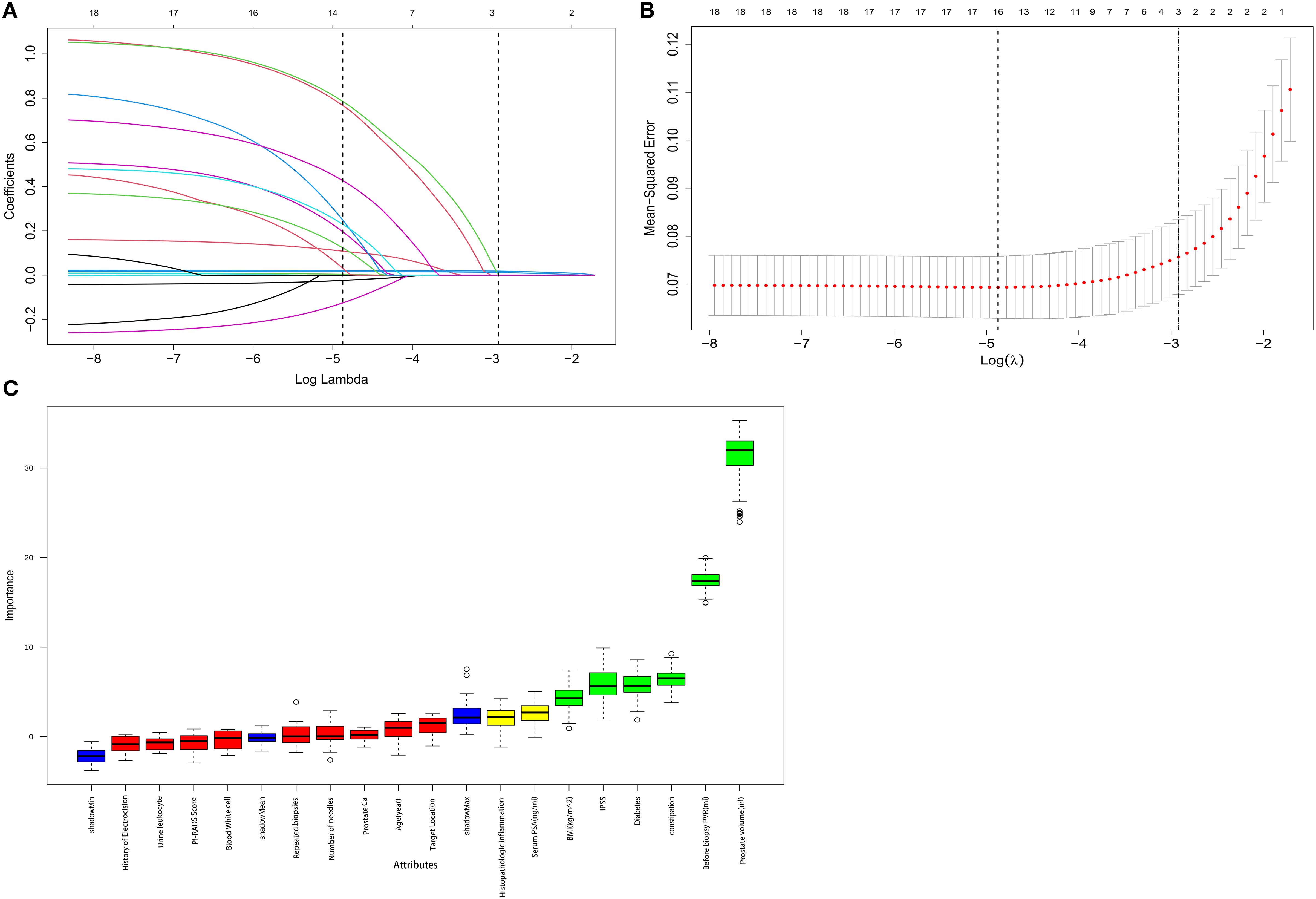 Graph A shows coefficient paths against log lambda for multiple variables. Graph B displays mean squared error versus log lambda, with highlighted values. Graph C is a box plot comparing importance scores of various attributes, ranked from “alkalin” to “Prostate volumedel”.