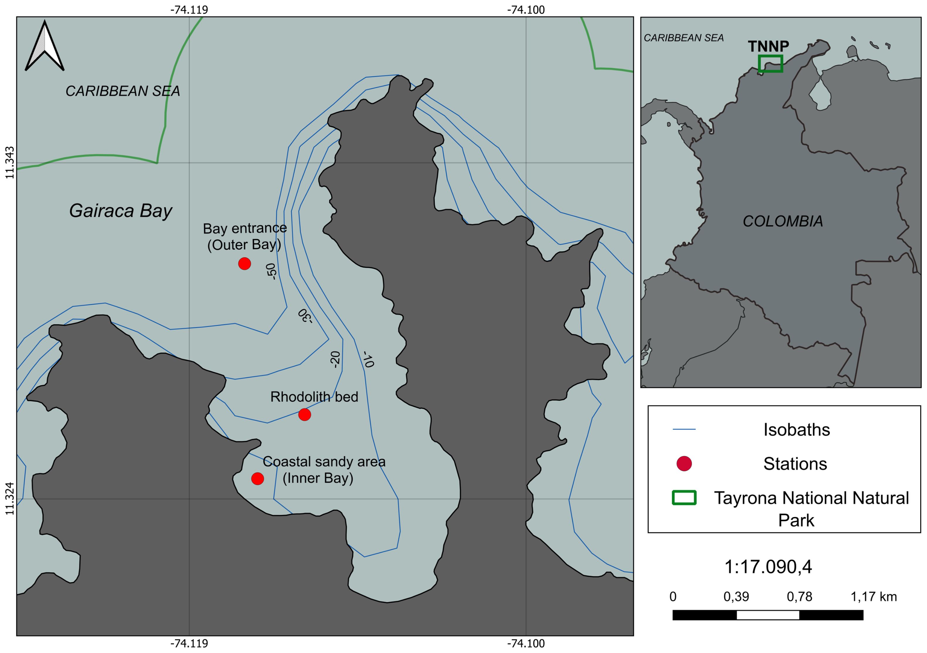 Map of Gairaca Bay in Tayrona National Natural Park, Colombia, showing isobaths and three station points: Bay entrance, Coastal sandy area, and Rhodolith bed. An inset highlights the park's location in Colombia.