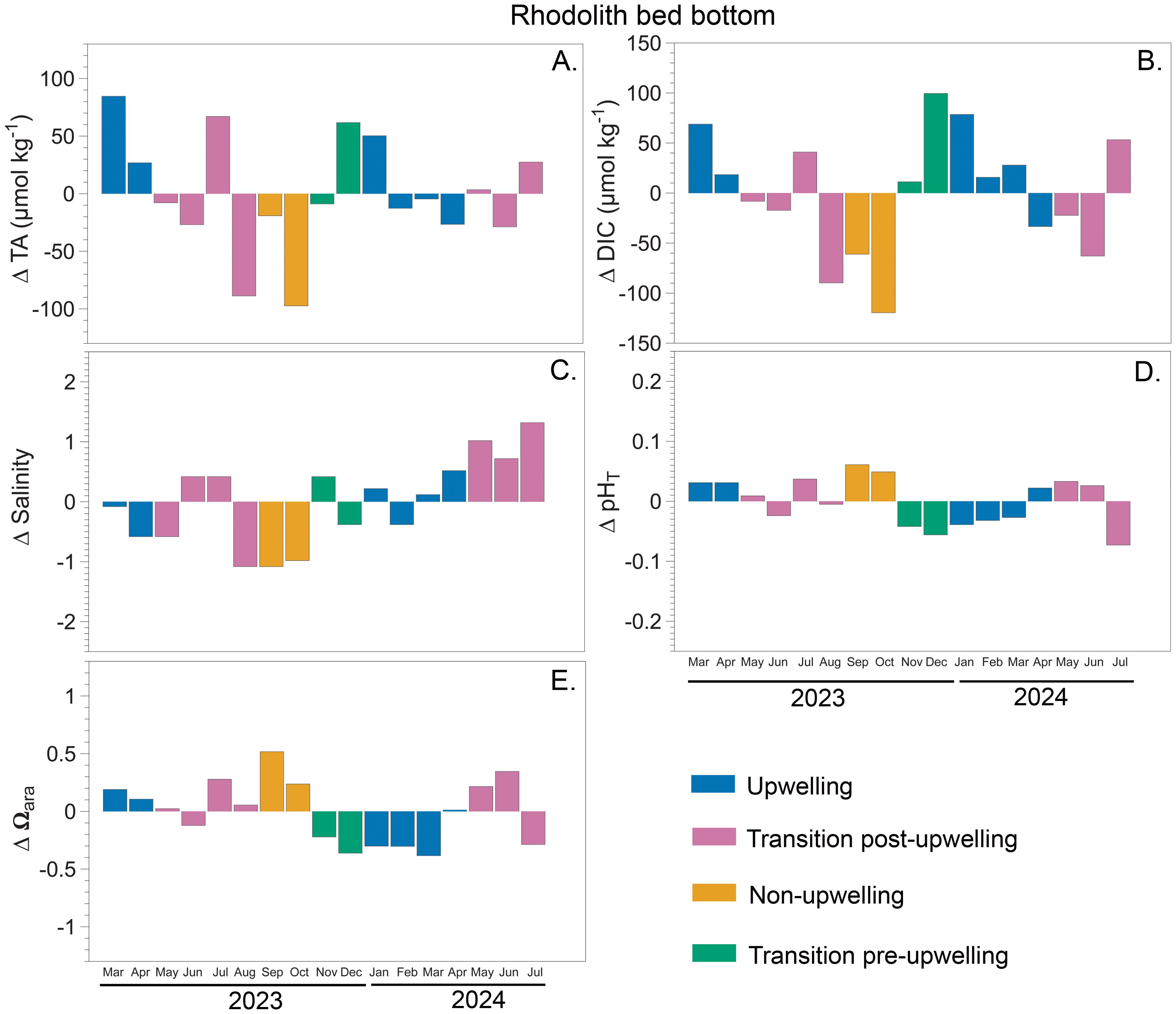 Five bar charts labeled A to E, titled “Rhodolith bed bottom,” showing monthly changes from March 2023 to July 2024. Chart A depicts ΔTA (total alkalinity), B shows ΔDIC (dissolved inorganic carbon), C illustrates ΔSalinity, D represents ΔpHᵀ, and E displays ΔΩᵃʳᵃ (aragonite saturation state). Colors indicate different phases: upwelling (blue), transition post-upwelling (pink), non-upwelling (orange), and transition pre-upwelling (green).