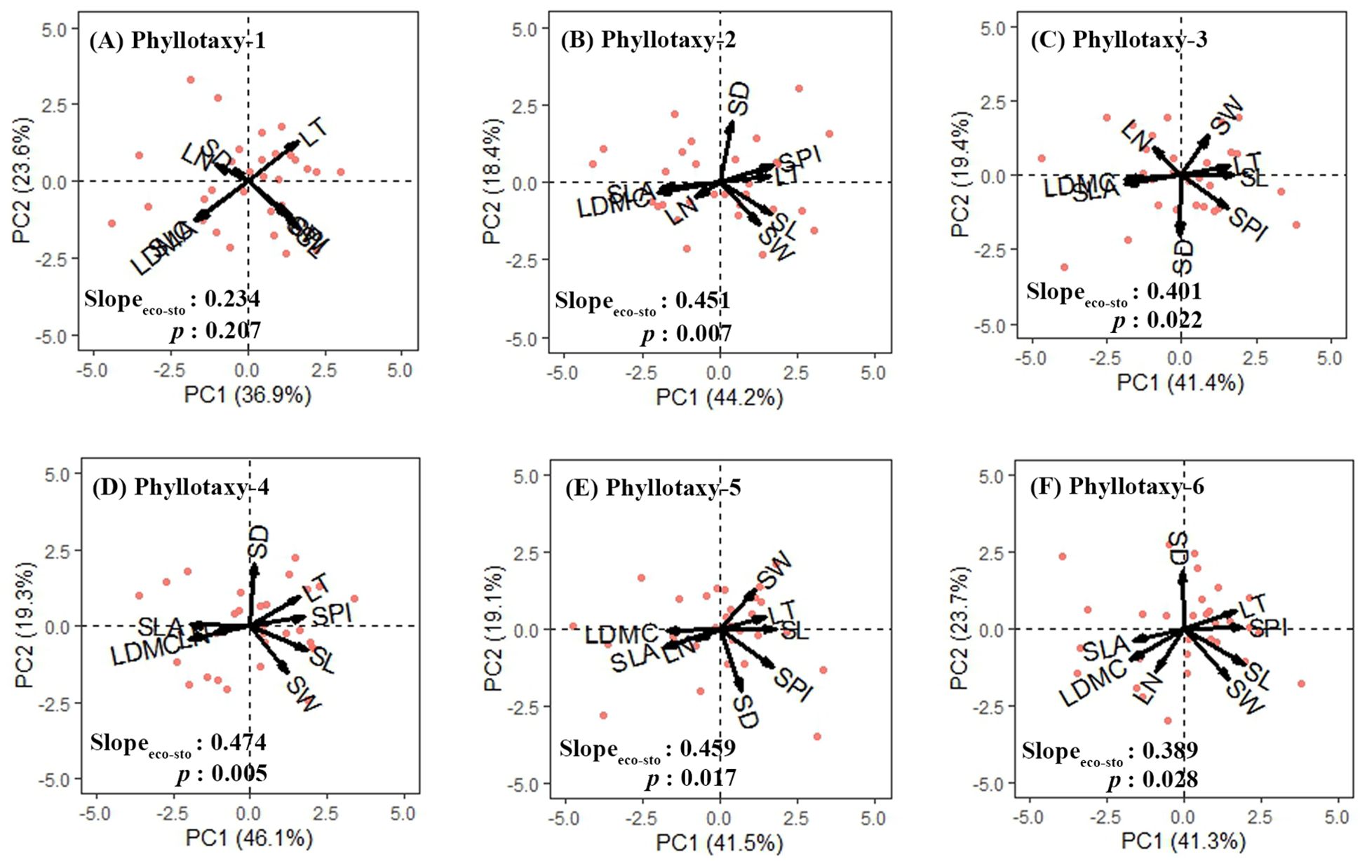 Six scatter plots labeled A to F illustrate phyllotaxy types 1 to 6. Each plot presents principal component analysis (PCA) with PC1 and PC2 axes, showing loadings of traits like LDMC, SLA, LN, SD, SPI, SL, LT, and SW. Red dots represent samples, with the slope and p-value noted for each plot.