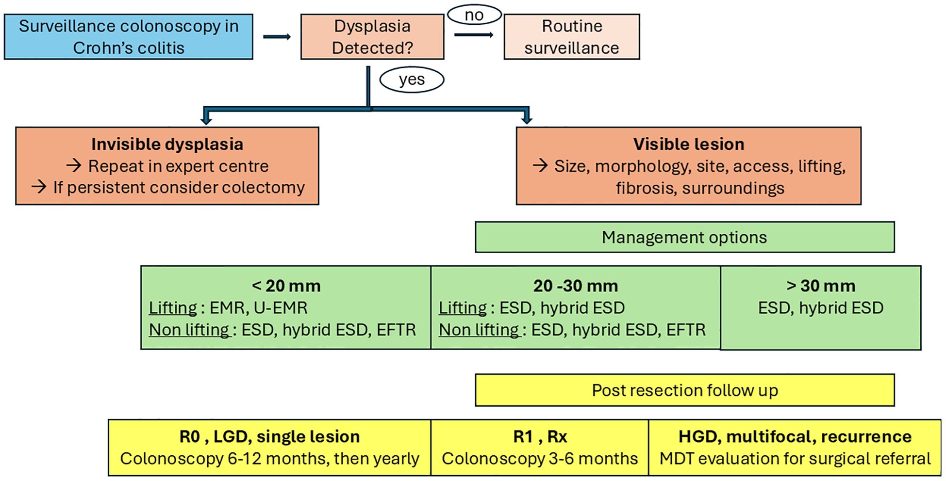 Flowchart outlining the endoscopic management of dysplasia in Crohn’s colitis. If no dysplasia is detected, routine surveillance is recommended. If dysplasia is identified, management depends on whether the lesion is visible or invisible. Invisible dysplasia should be confirmed and discussed in a multidisciplinary team (MDT) setting. Visible lesions are managed based on size and the feasibility of en bloc resection. Resection strategies include techniques such as EMR, ESD, and EFTR. Post-resection surveillance colonoscopy is scheduled at 6–12 months for R0 LGD, and at 3–6 months for R1 or Rx resections. In cases of recurrence or HGD, MDT evaluation is warranted.