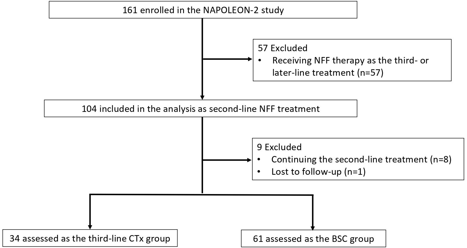 Flowchart illustrating participant inclusion in the NAPOLEON-2 study. From 161 enrolled participants, 57 were excluded for receiving NFF therapy as third-line treatment. This left 104 in the second-line NFF analysis. Another 9 were excluded for continuing treatment or being lost to follow-up, resulting in 34 assessed as the third-line CTx group and 61 as the BSC group.
