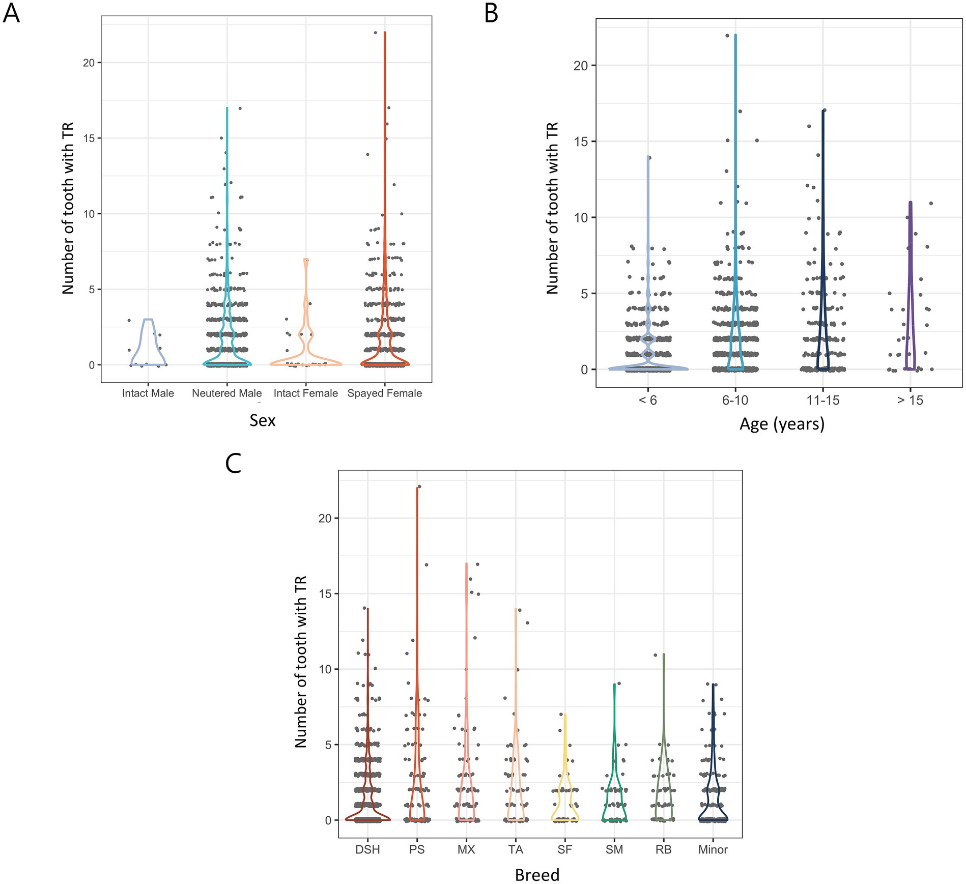 Three violin plots show the distribution of the number of teeth with tooth resorption (TR) in cats. Plot A shows variation by sex: intact male, neutered male, intact female, and spayed female. Plot B shows variation by age groups: under 6, 6-10, 11-15, and over 15 years. Plot C shows variation by breed: DSH, PS, MX, TA, SF, SM, RB, and Minor. Each plot displays data distribution.