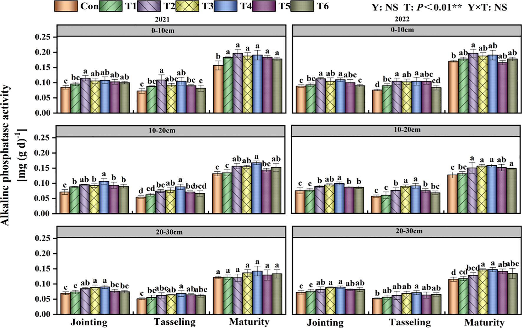 Bar charts showing alkaline phosphatase activity at different soil depths (0-10cm, 10-20cm, 20-30cm) for two years, 2021 and 2022. Each chart compares treatments (Con, T1, T2, T3, T4, T5, T6) during jointing, tasseling, and maturity stages. Data is presented in milligrams per gram of dry soil. Statistical differences are marked by letters above the bars.