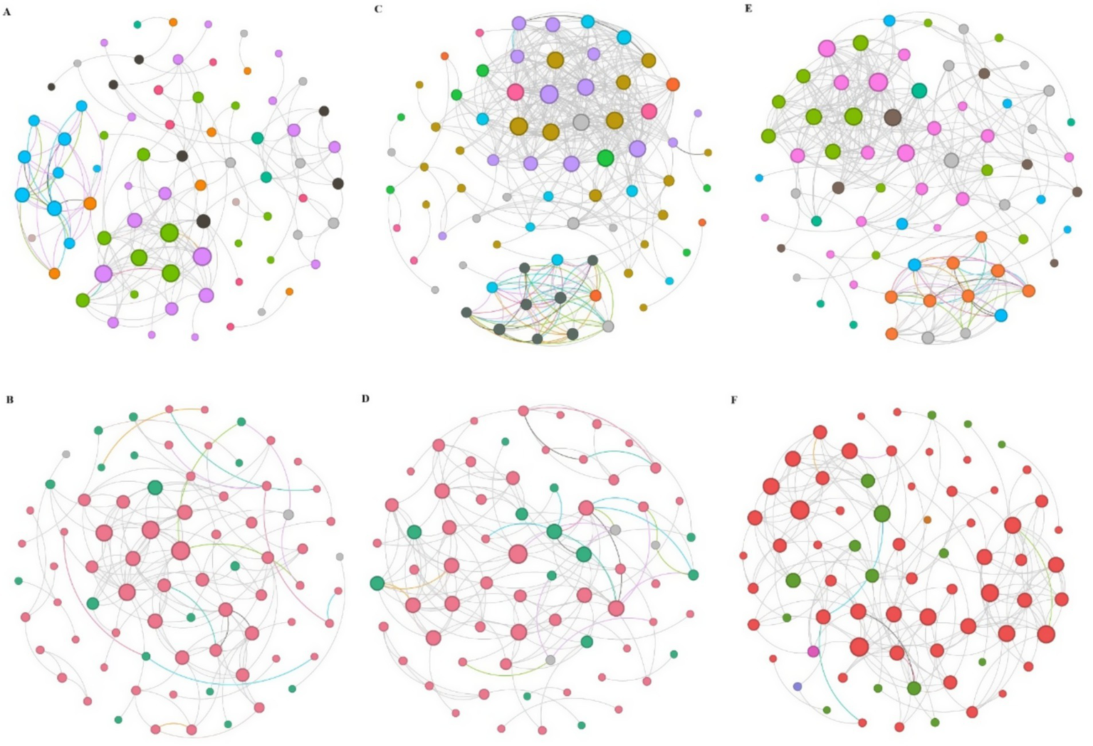Network diagrams labeled A to F, each consisting of nodes of various colors and sizes connected by lines. Diagrams A, C, and E have a diverse array of colors including purple, gold, and green, while diagrams B, D, and F are dominated by red and green nodes. The structure and density of connections vary across each diagram.