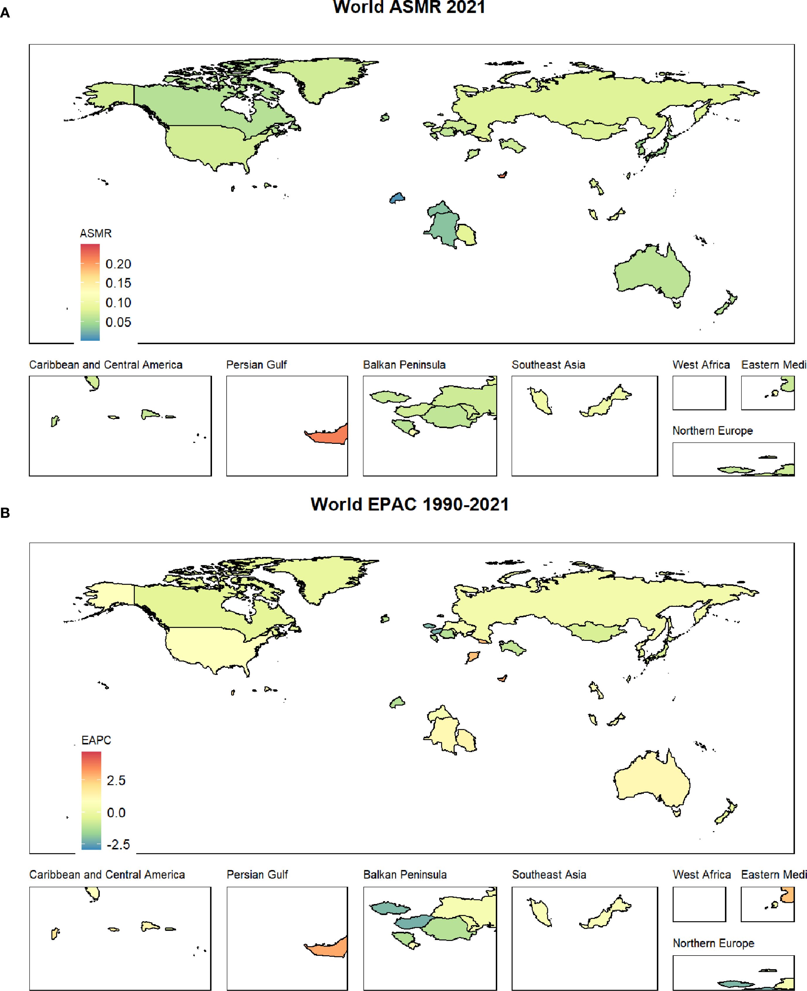 Map A shows the Age-Standardized Mortality Rate (ASMR) globally for 2021, with varying shades indicating different rates. Map B shows the Estimated Annual Percentage Change (EAPC) in ASMR from 1990 to 2021. Insets highlight specific regions like the Caribbean and Central America, Persian Gulf, Balkan Peninsula, Southeast Asia, West Africa, Eastern Mediterranean, and Northern Europe. Both maps use color gradients to represent data: ASMR ranges from light blue to red, and EAPC ranges from blue to orange, indicating negative to positive changes.